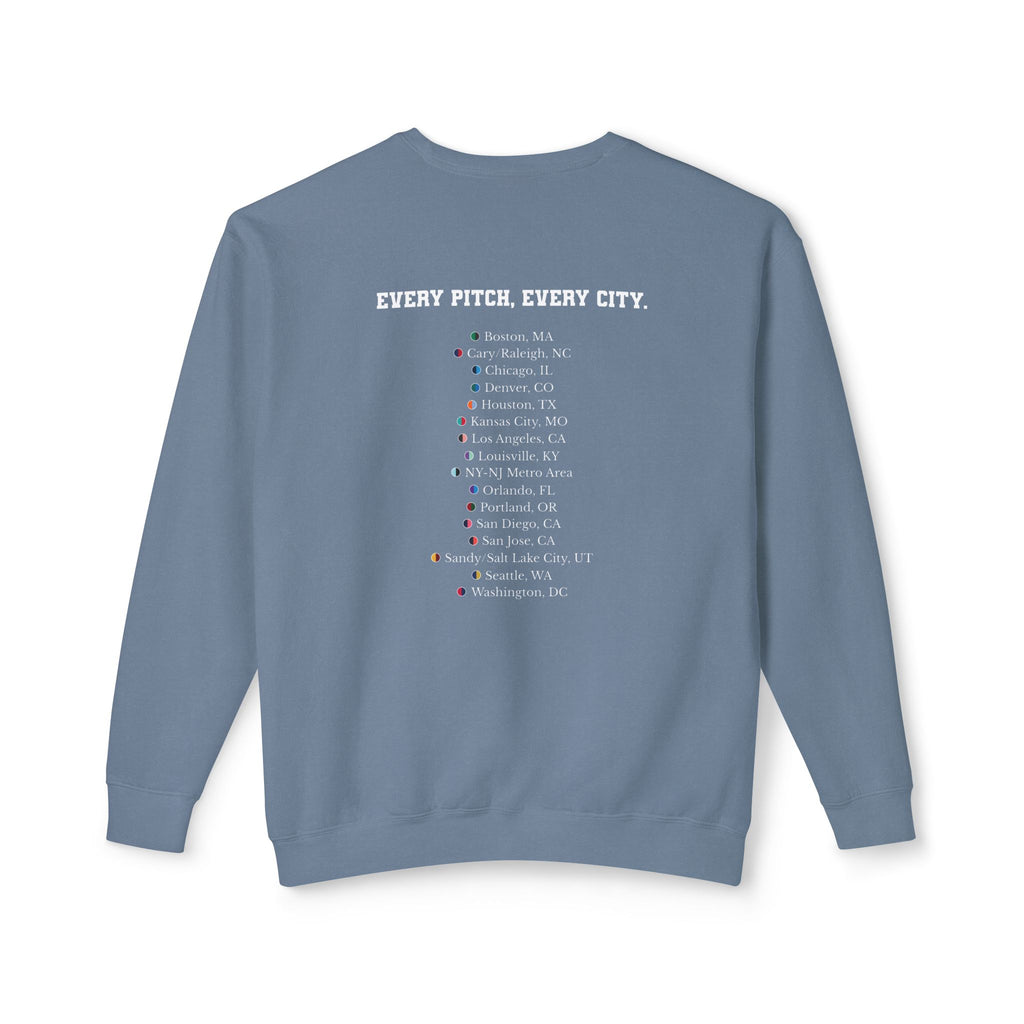 Blue Jean sweatshirt with Take Over chest logo on the front and cities list on the back 