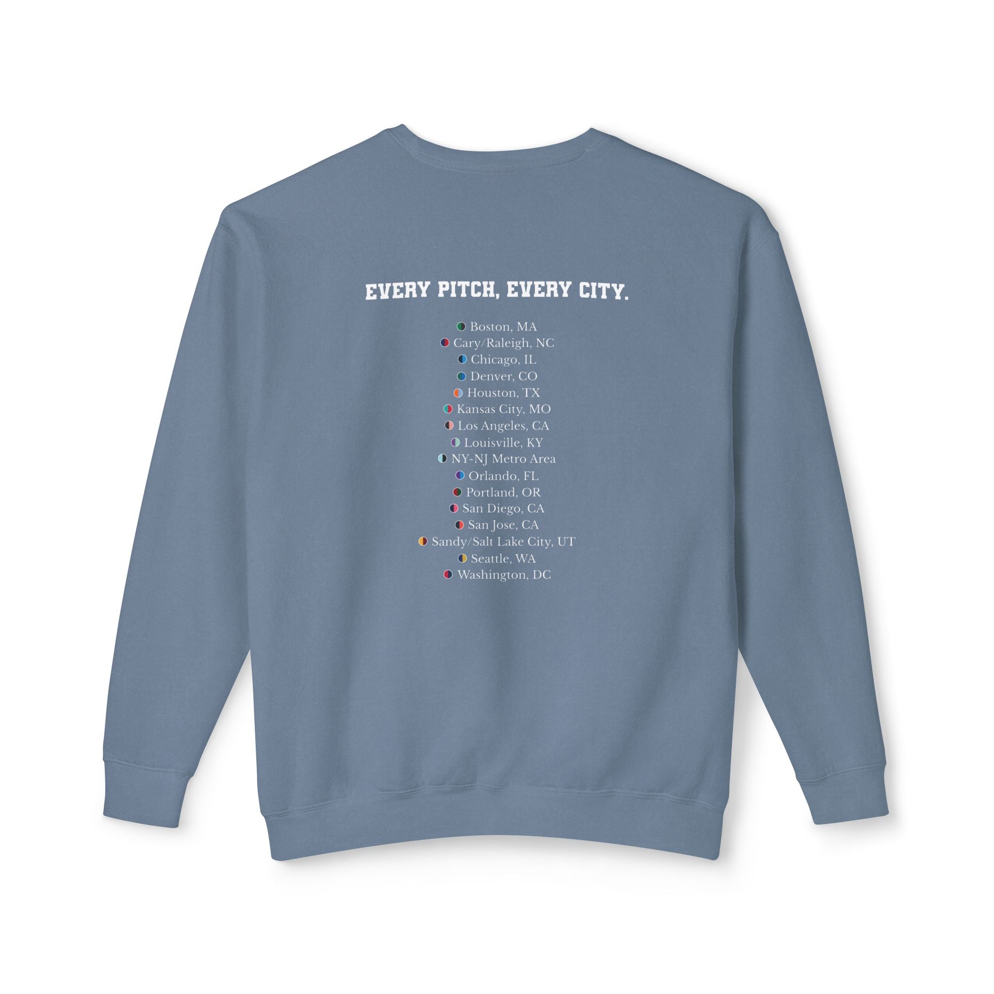 Blue Jean sweatshirt with Take Over chest logo on the front and cities list on the back 