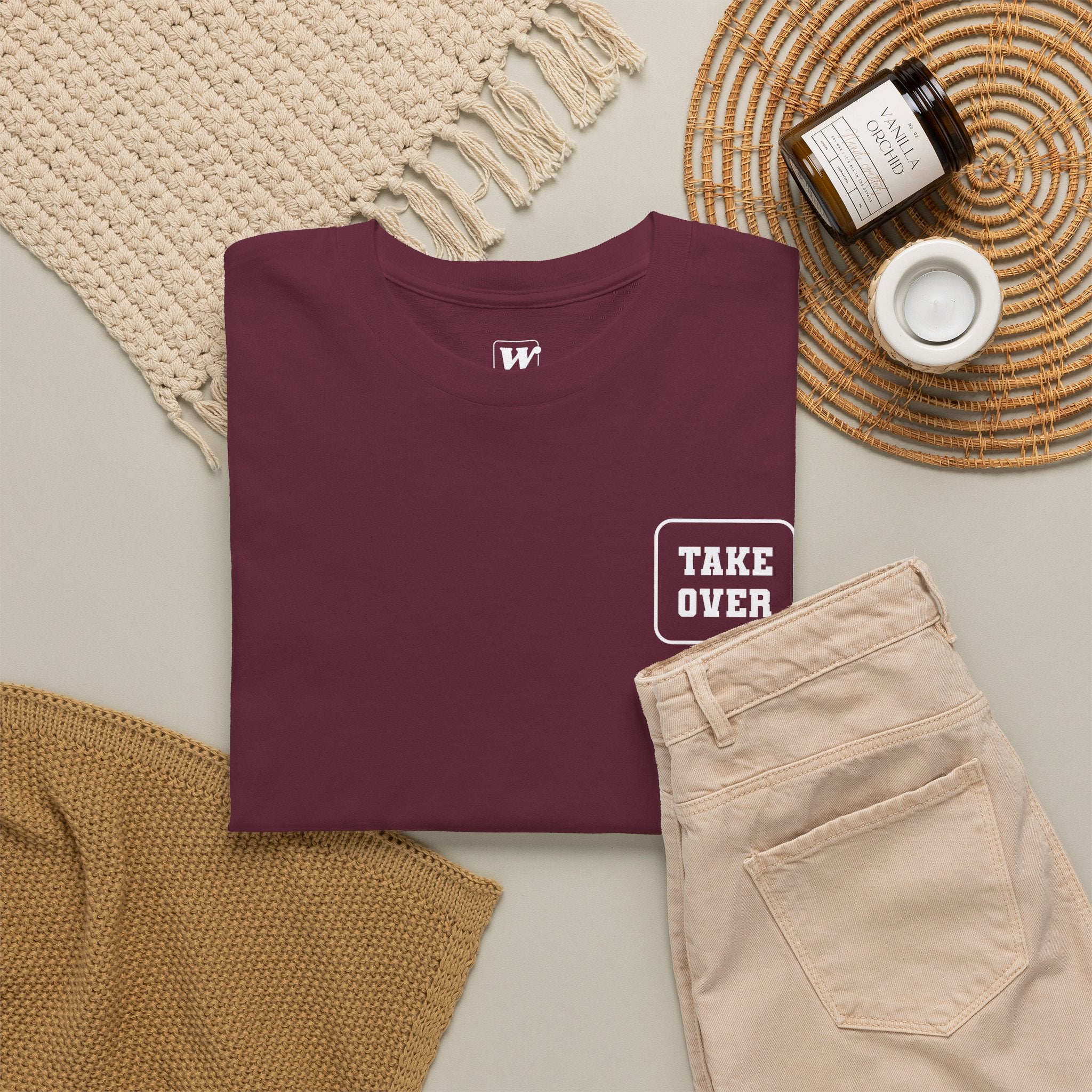 Maroon Take Over Every City Pro League T-Shirt flat lay on a solid background.