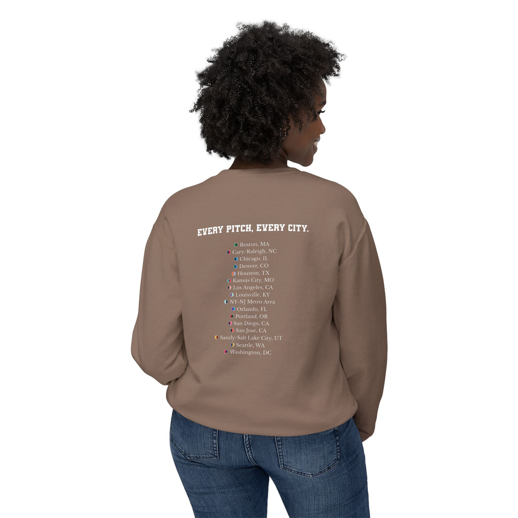 Espresso sweatshirt with Take Over chest logo on the front and cities list on the back