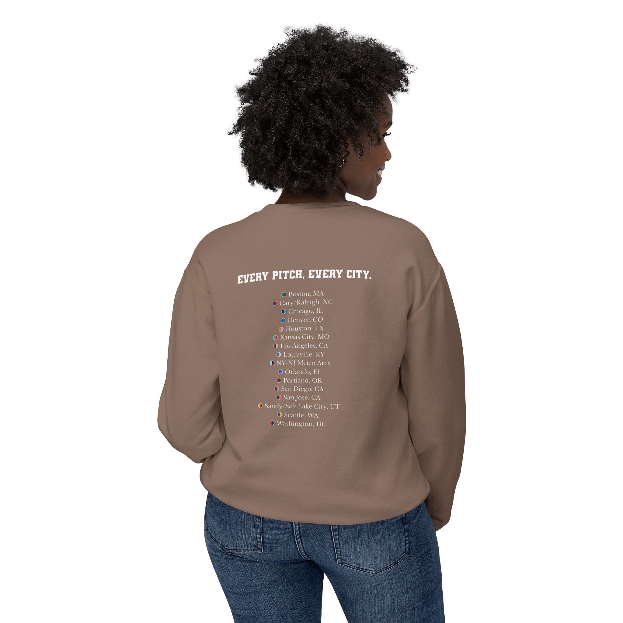 Espresso sweatshirt with Take Over chest logo on the front and cities list on the back
