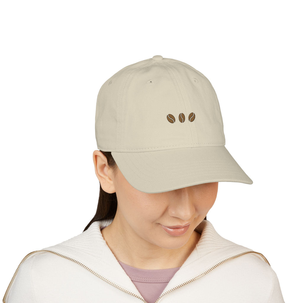 Oyster unstructured beige baseball cap with three embroidered coffee beans across the front