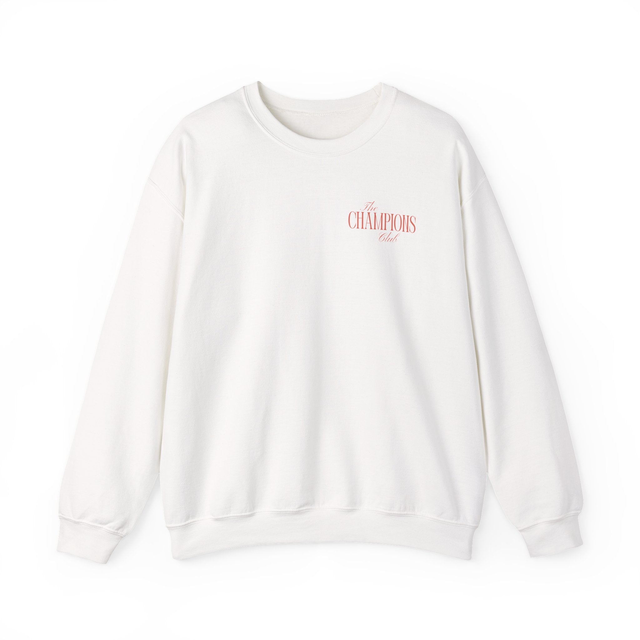 White sweatshirt with The Champions Club pocket logo on the front
