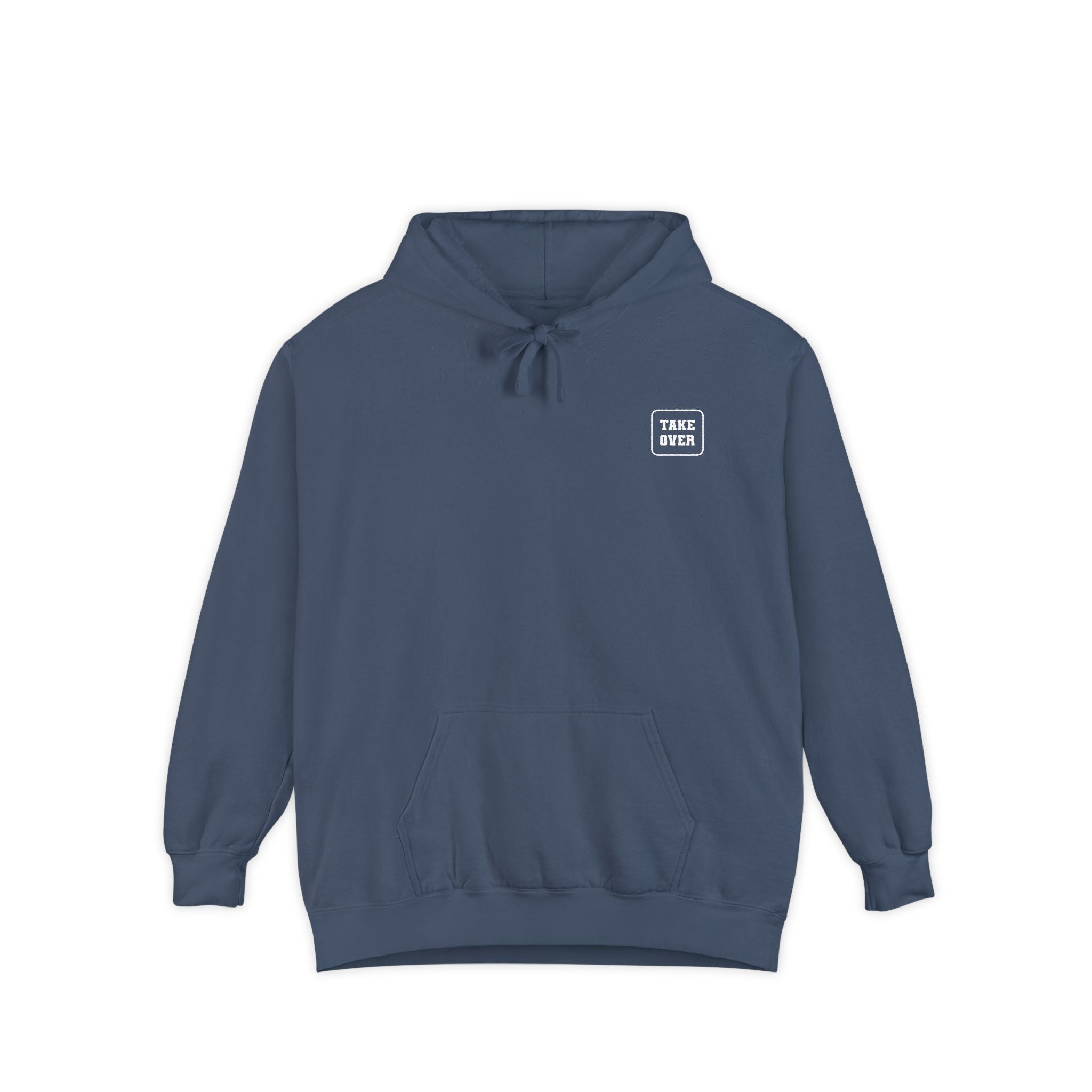 Denim colored hoodie with chest logo on the front and list of cities on the back