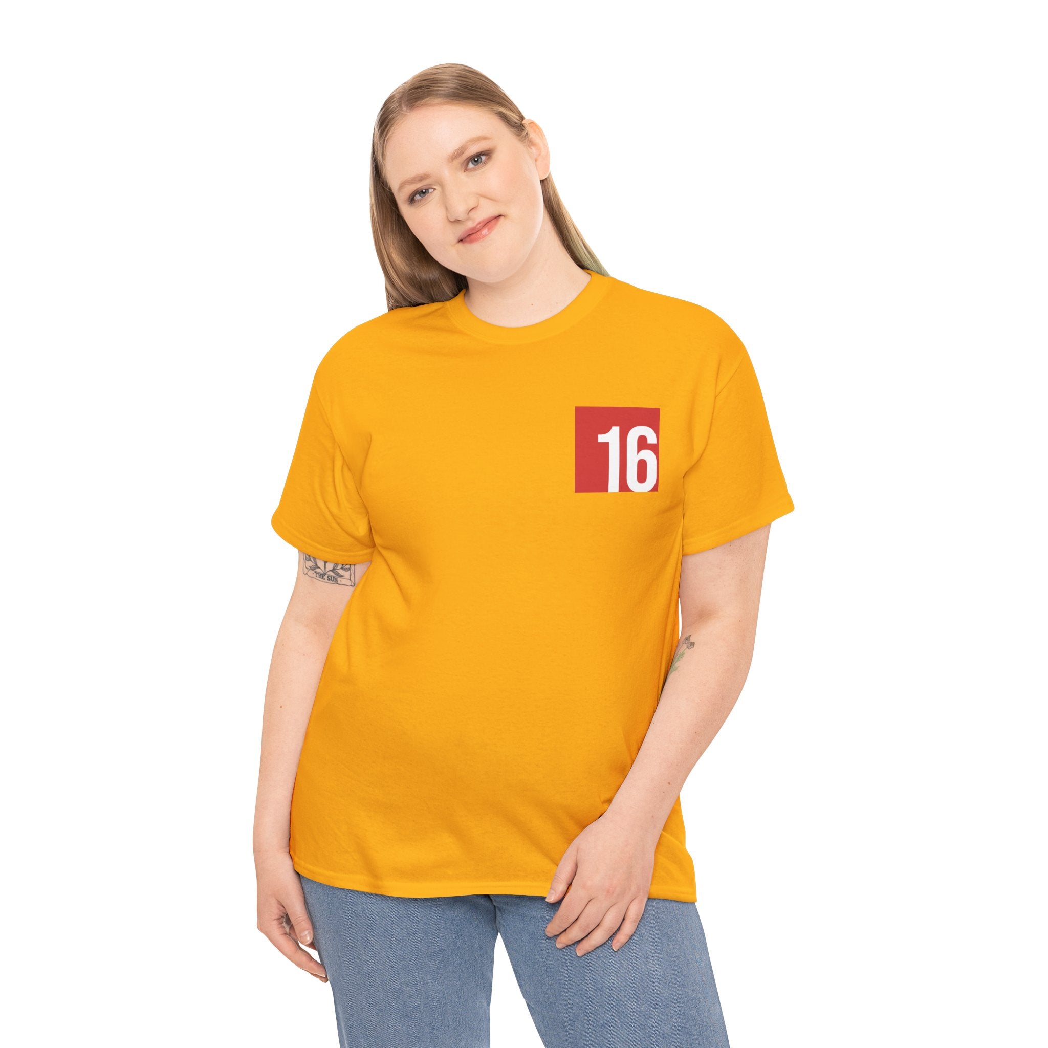Gold Nutmeg Duchess t-shirt with a framed red rose graphic and vintage soccer street style typography