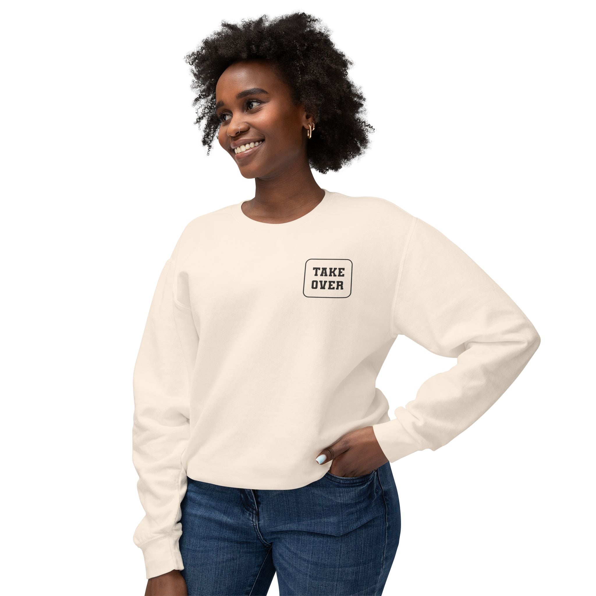 Ivory sweatshirt with Take Over chest logo on the front and cities list on the back