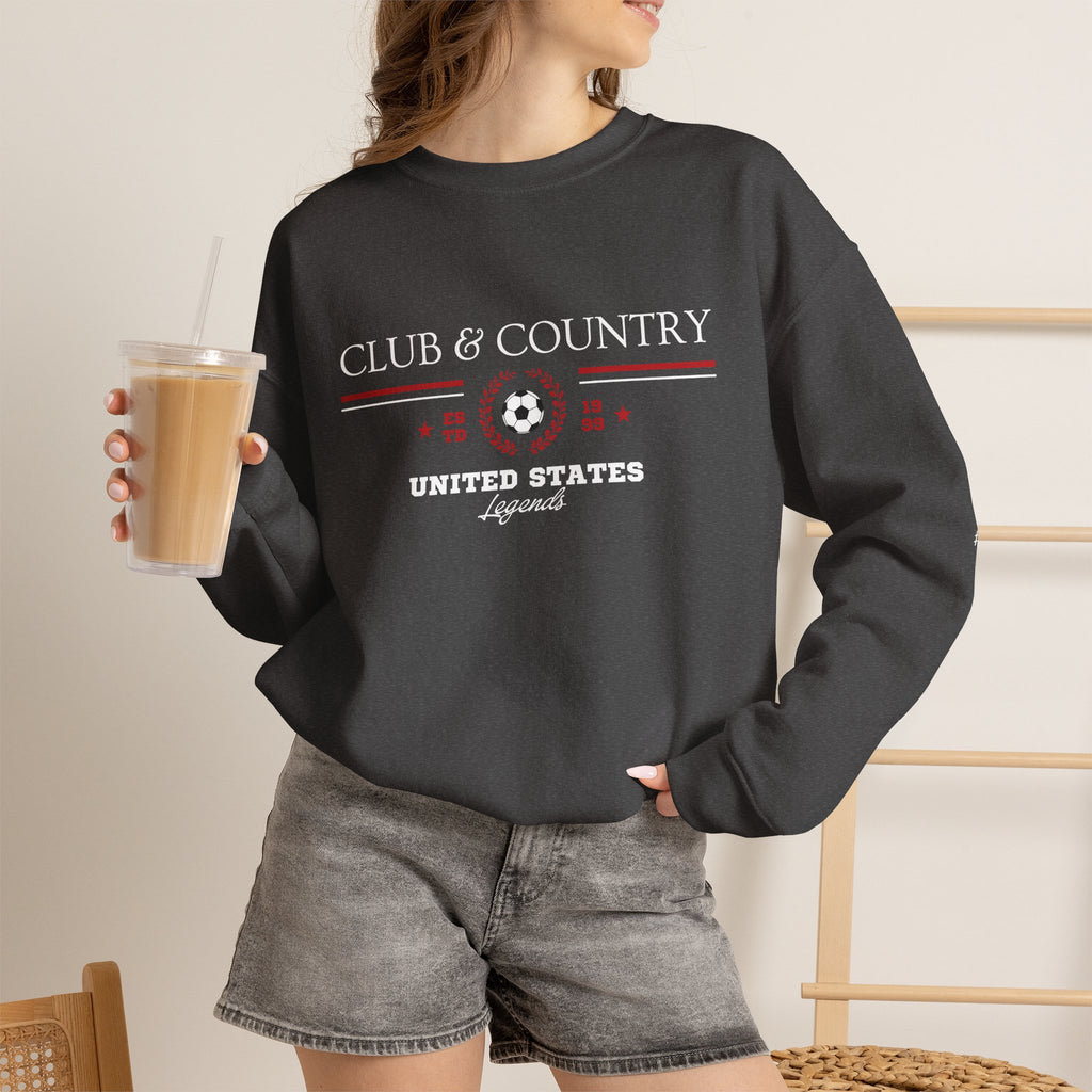 Dark Heather Club & Country oversized crewneck pullover, 90s style preppy soccer apparel