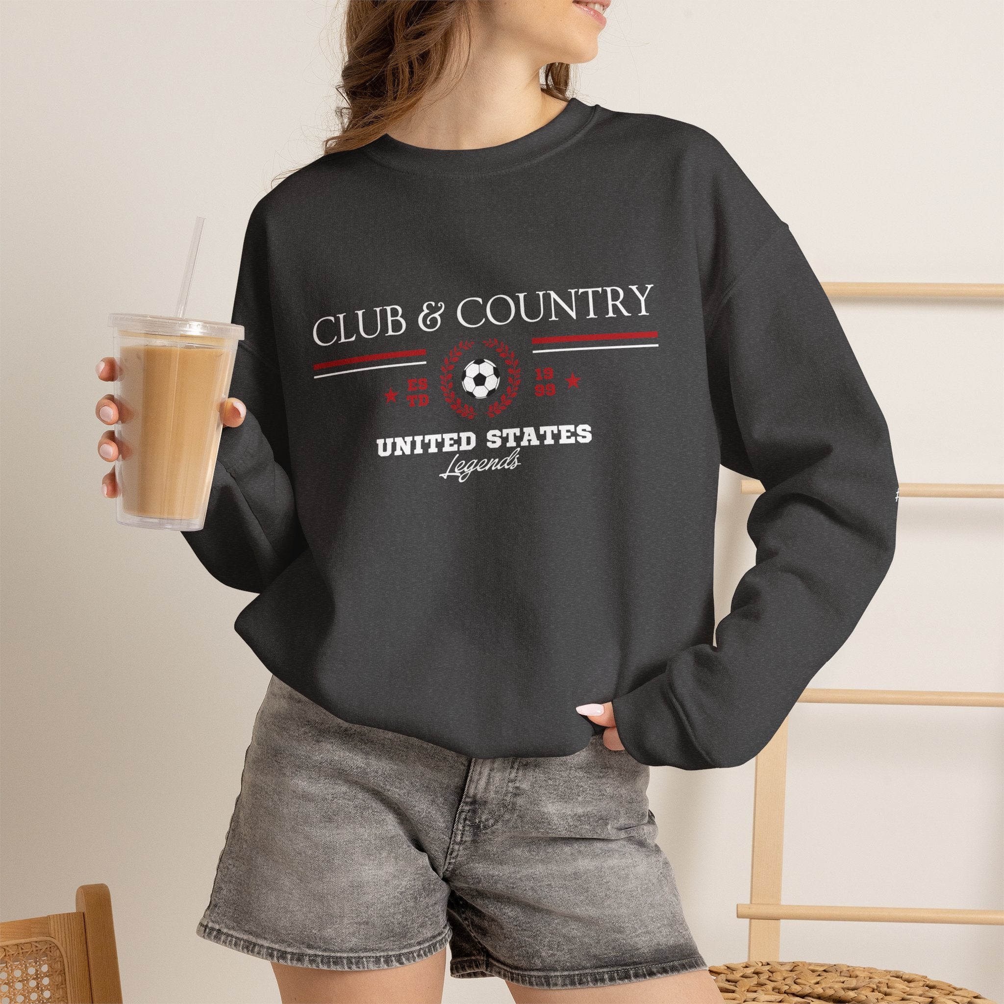 Dark Heather Club & Country oversized crewneck pullover, 90s style preppy soccer apparel