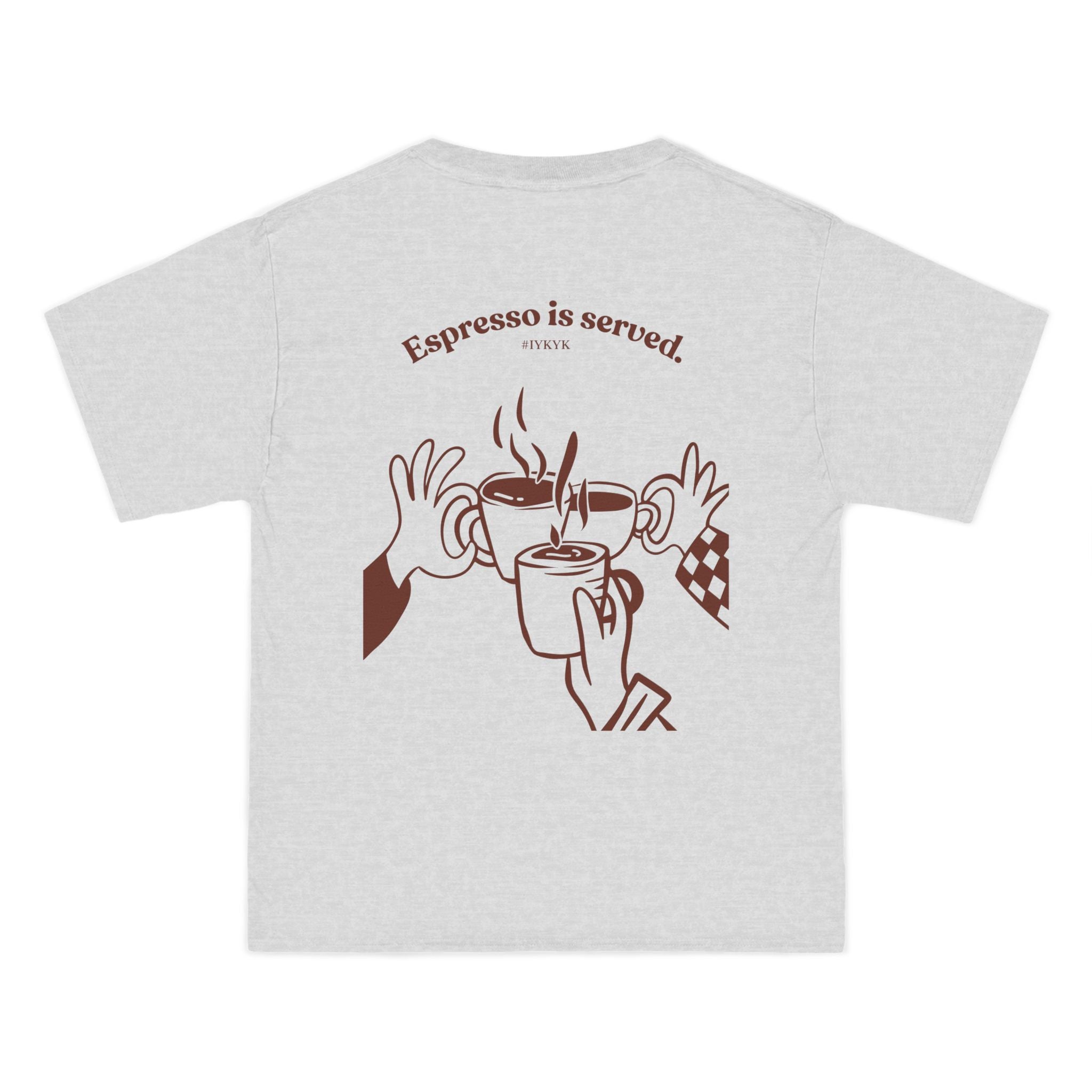 Ash W-League t-shirt featuring a front pocket W logo and back Espresso is served graphic with three clinking coffee mugs