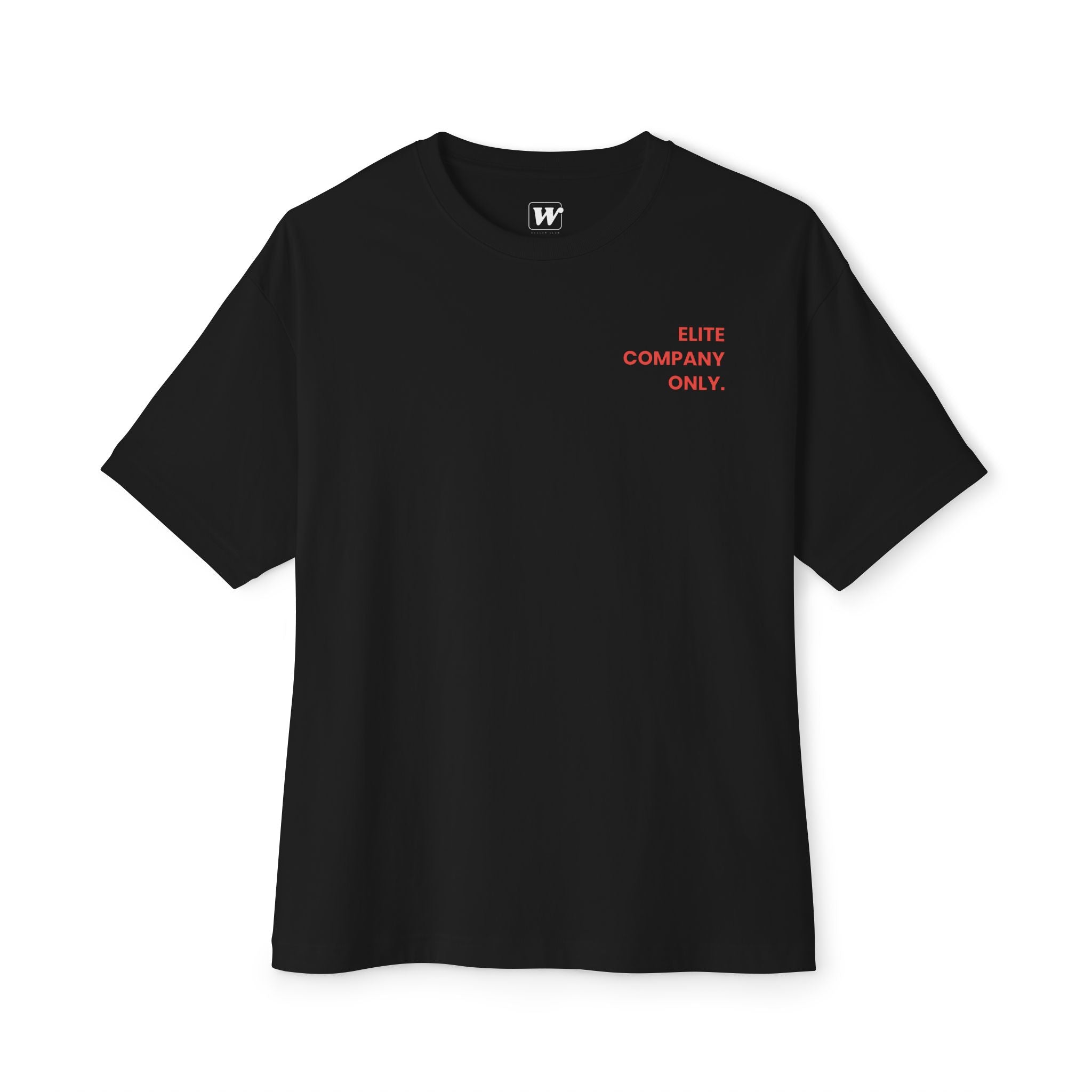 Black 'Elite Company Only' boxy t-shirt featuring a 50 Goals Club graphic print on the back