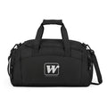 Black WSC branded athletic duffle bag featuring a large white logo print, separate ventilated shoe compartment, and water-resistant fabric