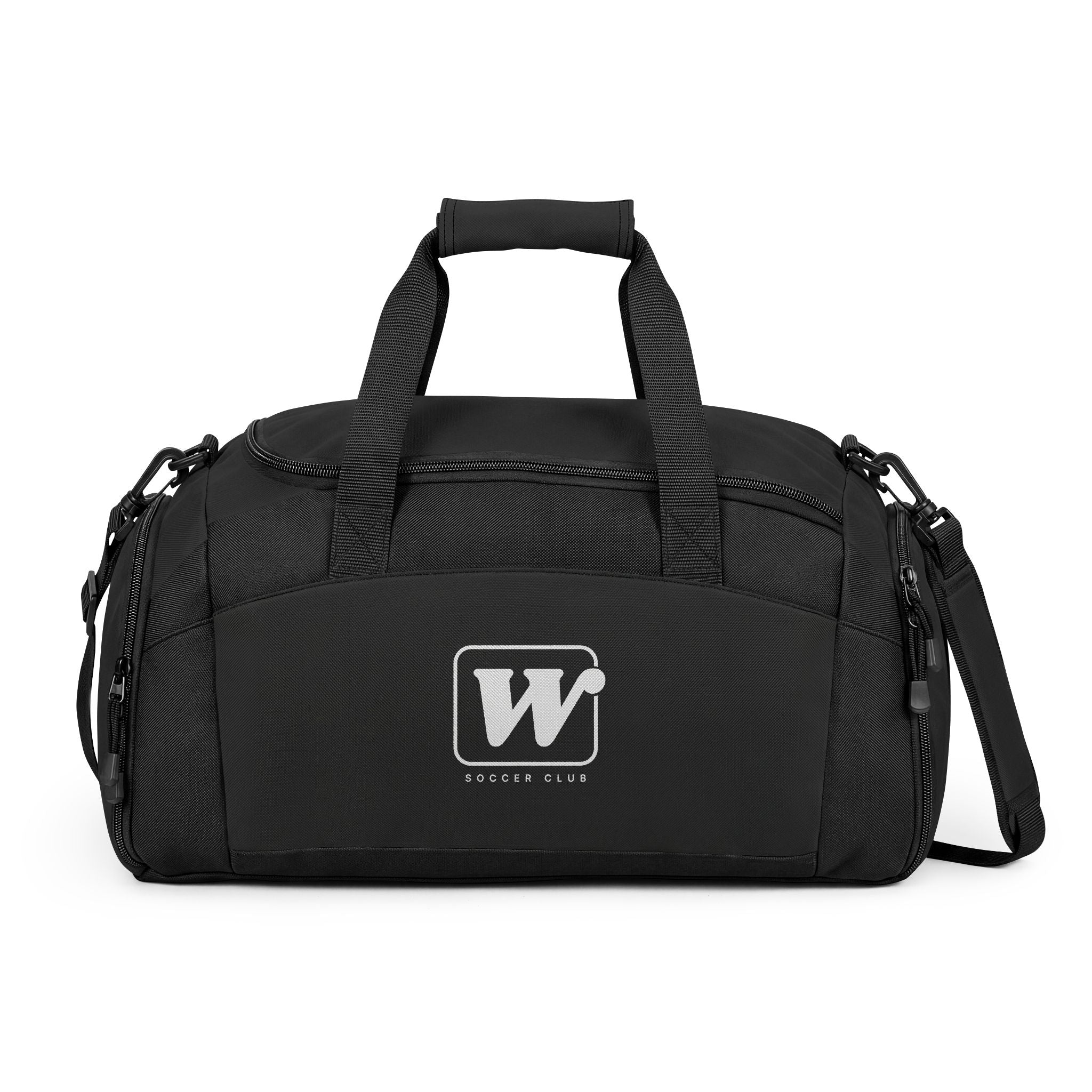 Black WSC branded athletic duffle bag featuring a large white logo print, separate ventilated shoe compartment, and water-resistant fabric