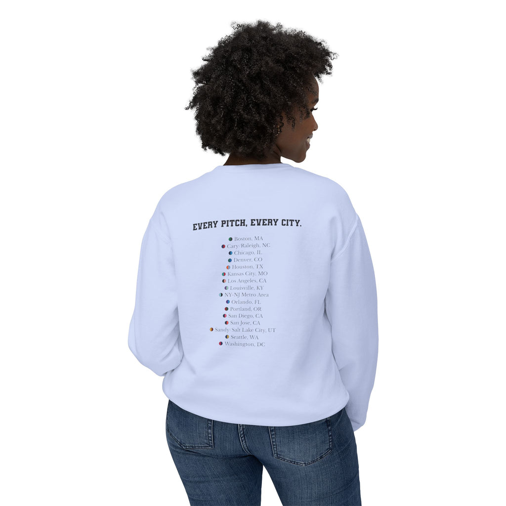 Hydrangea sweatshirt with Take Over chest logo on the front and cities list on the back 
