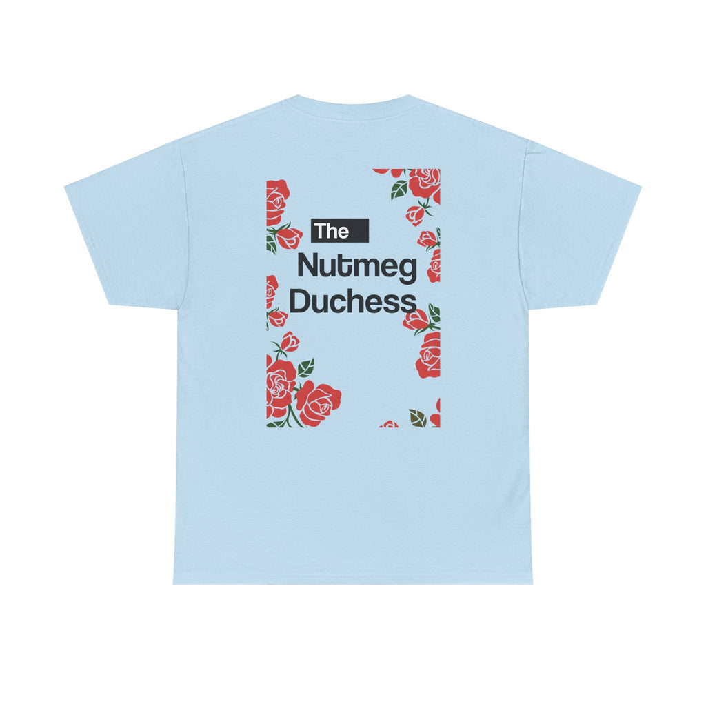 Light Blue Nutmeg Duchess t-shirt with a framed red rose graphic and vintage soccer street style typography
