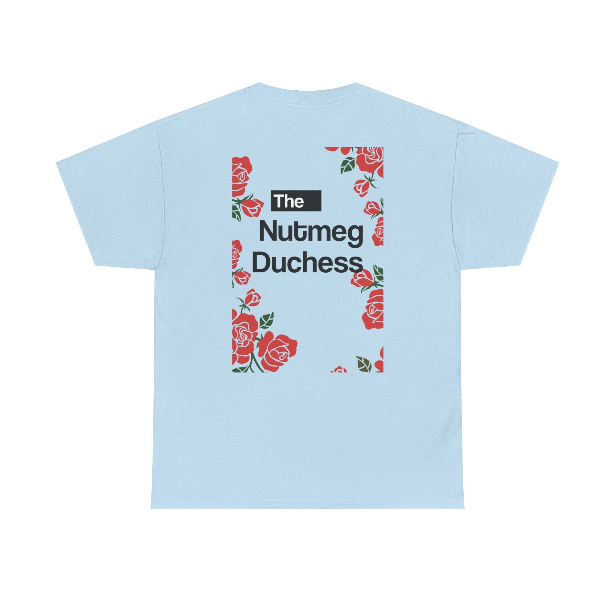 Light Blue Nutmeg Duchess t-shirt with a framed red rose graphic and vintage soccer street style typography
