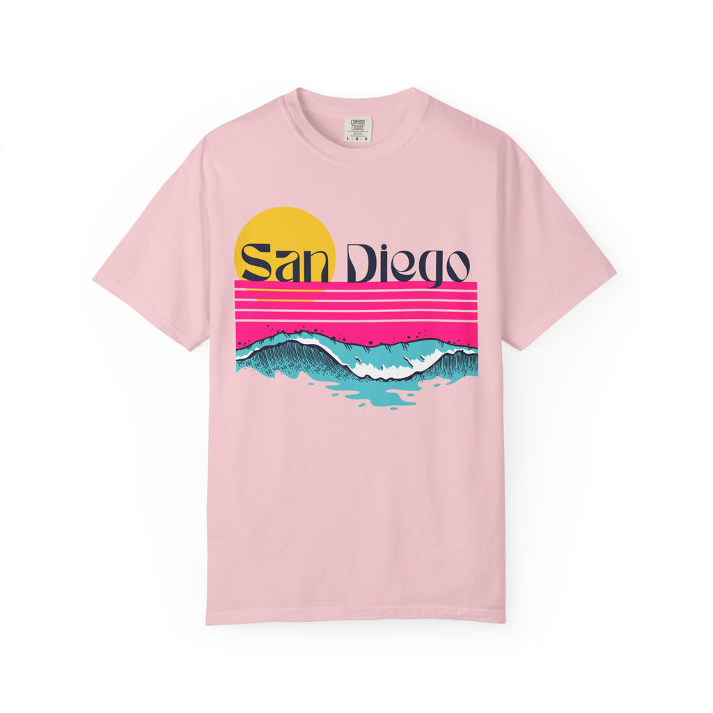 Blossom short-sleeve crewneck t-shirt featuring a retro-style sunset and ocean waves graphic with the text 'San Diego' across the chest