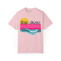 Blossom short-sleeve crewneck t-shirt featuring a retro-style sunset and ocean waves graphic with the text 'San Diego' across the chest