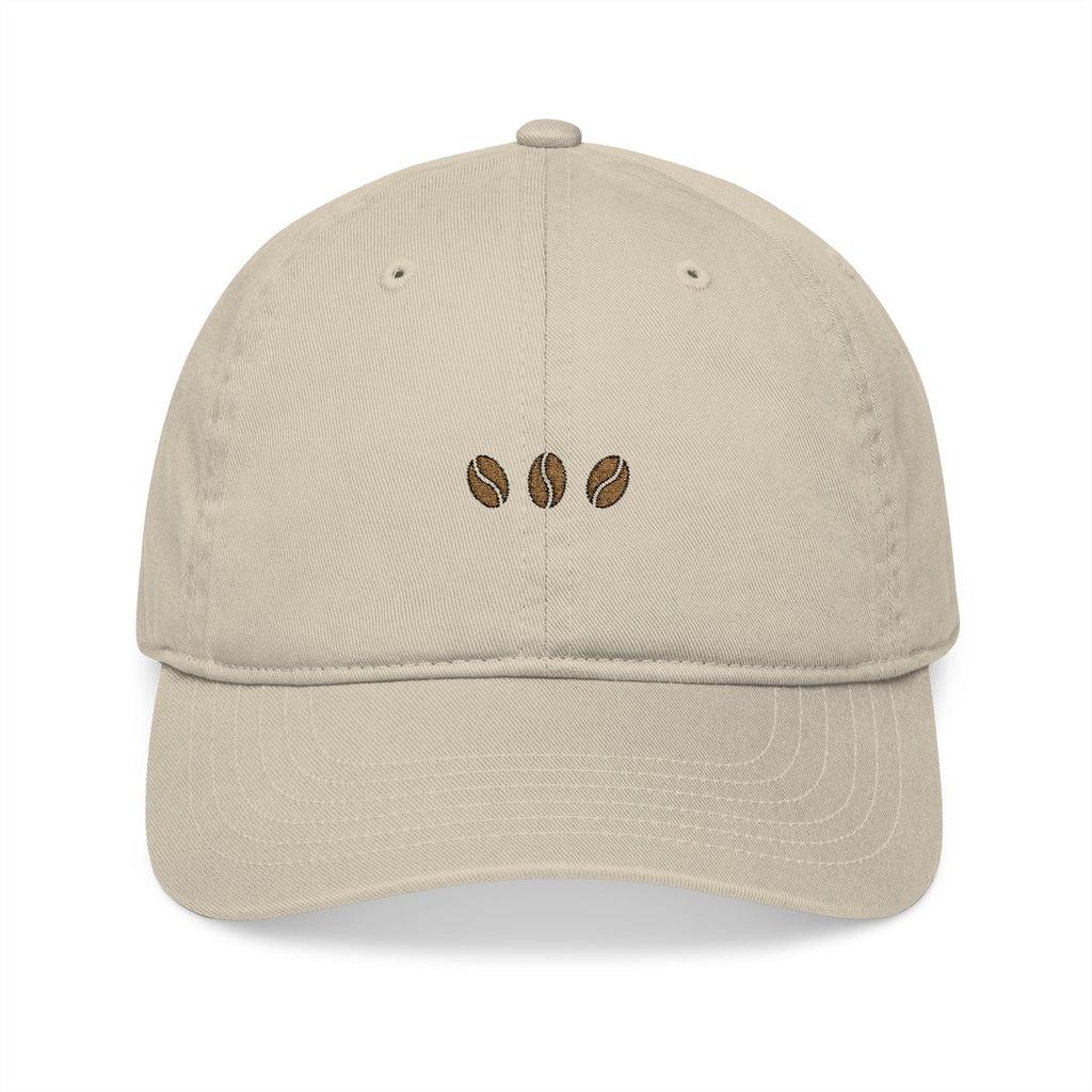 Oyster unstructured beige baseball cap with three embroidered coffee beans across the front