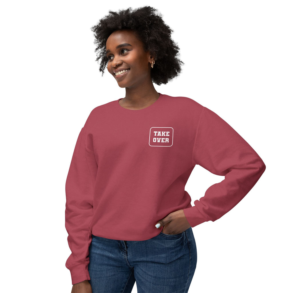 Crimson sweatshirt with Take Over chest logo on the front and cities list on the back 