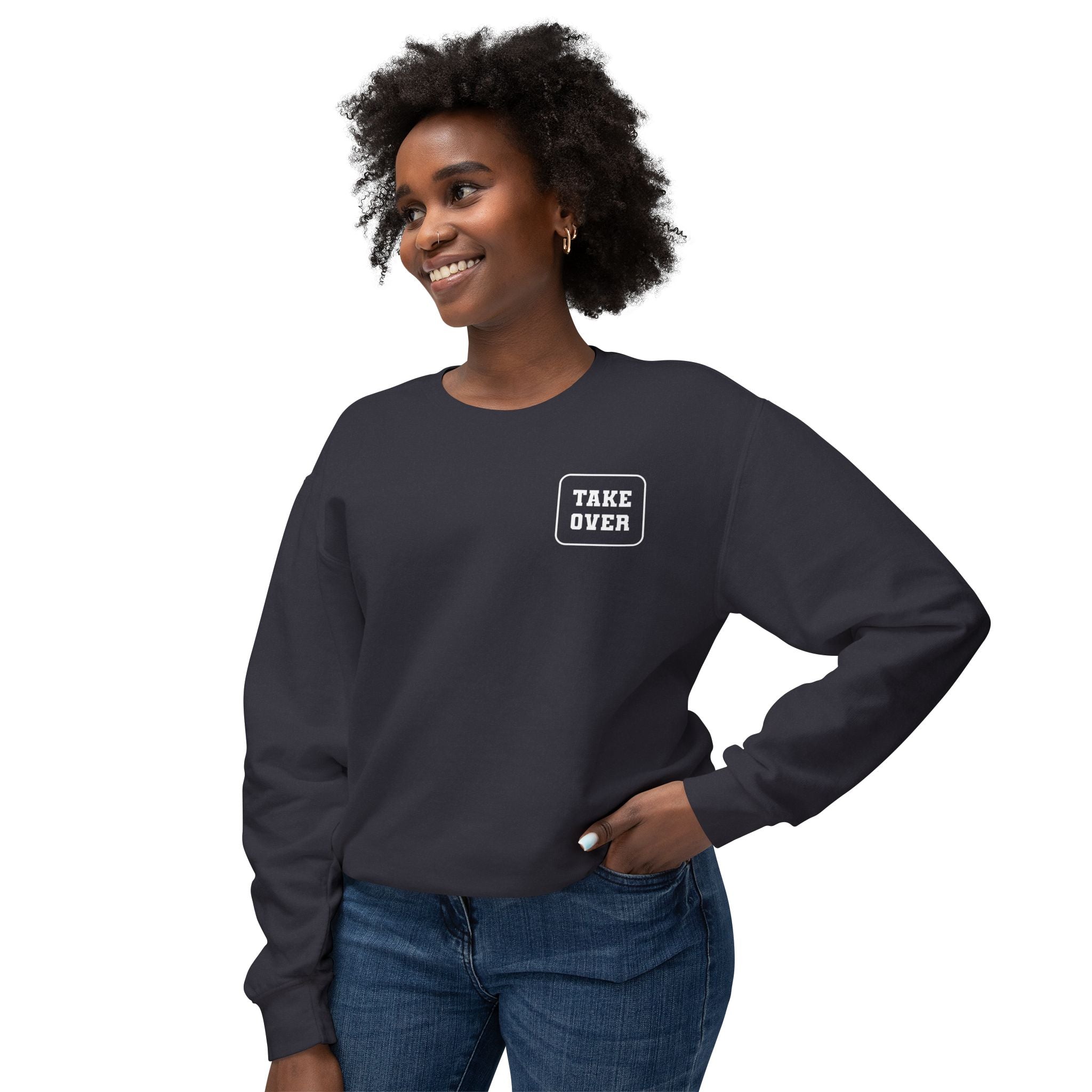 Black sweatshirt with Take Over chest logo on the front and cities list on the back
