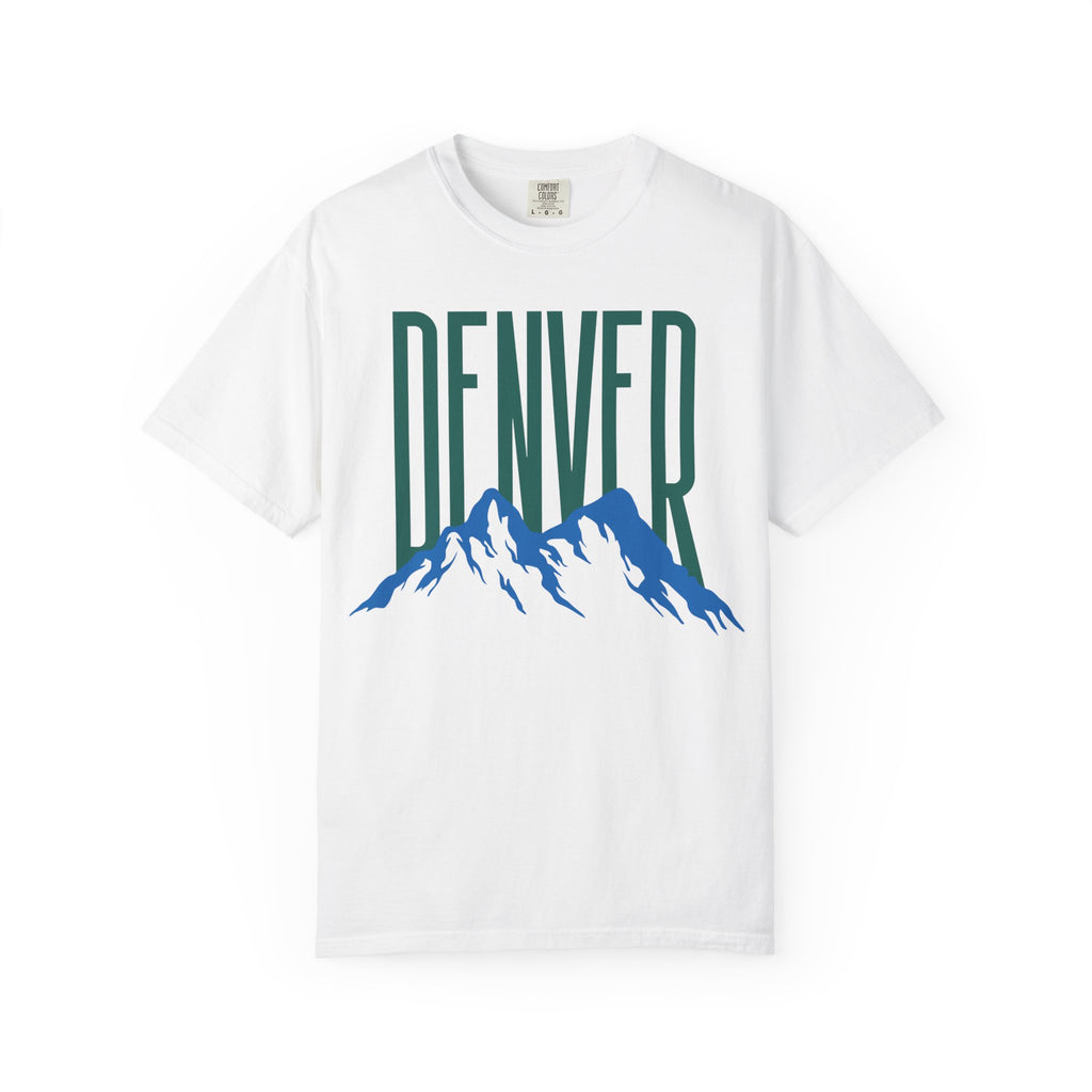 White Denver mountain graphic t-shirt featuring block lettering above a blue Rocky Mountain silhouette, ideal for game day fan gear.