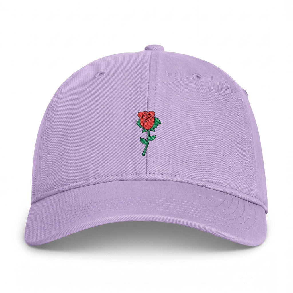 Orchid Nutmeg Duchess rose graphic dad hat featuring a vintage style embroidered red rose motif and classic fit
