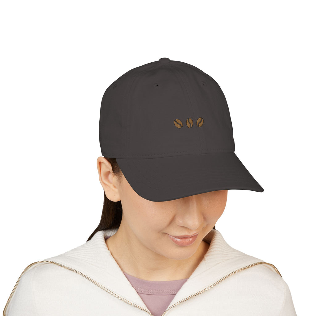 Charcoal unstructured beige baseball cap with three embroidered coffee beans across the front
