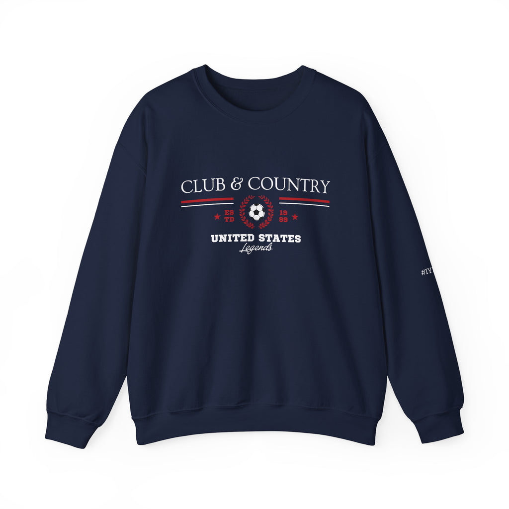 Navy blue Club & Country oversized crewneck pullover, 90s style preppy soccer apparel