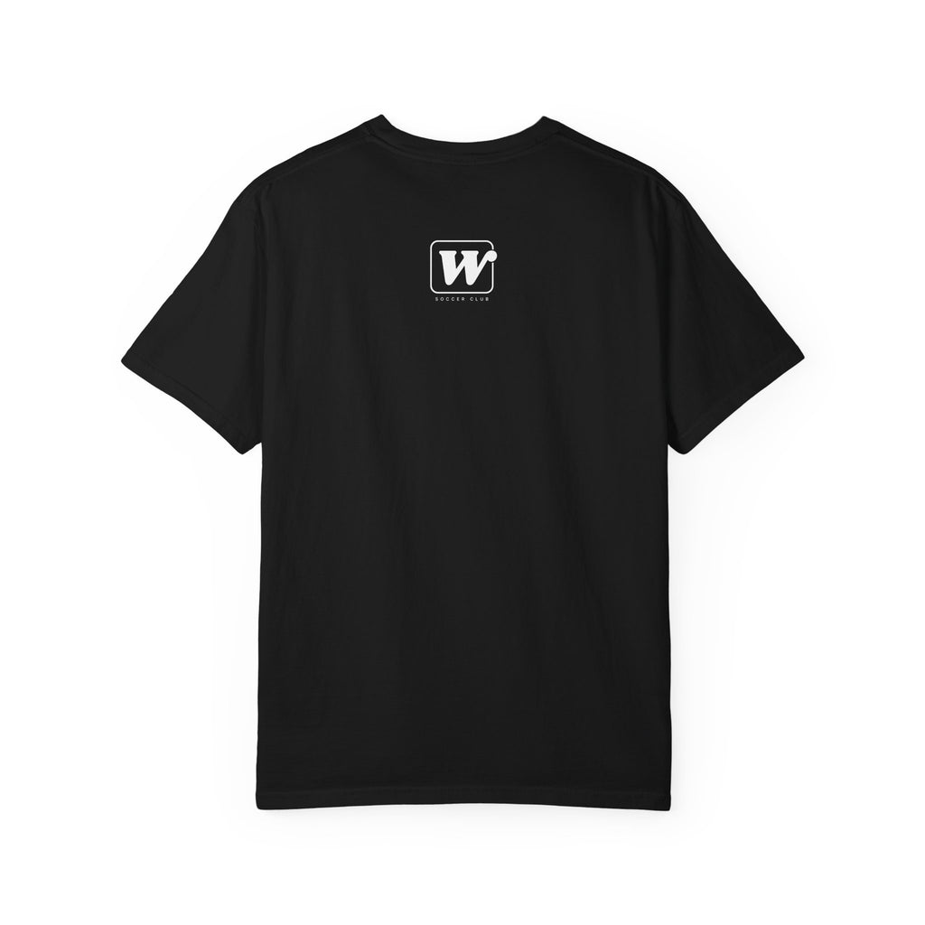 Black short-sleeve t-shirt featuring a small W Soccer Club logo on the back