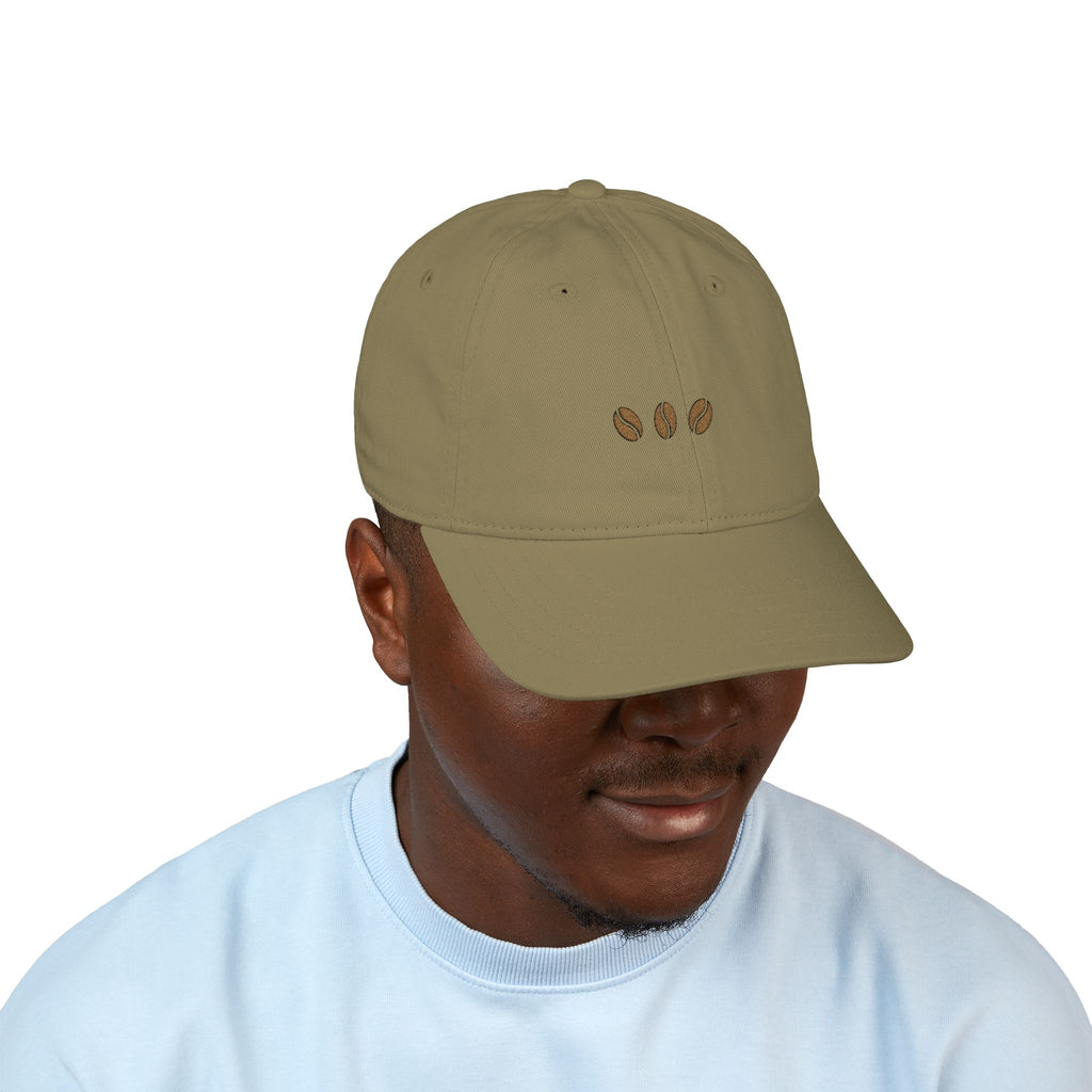 Jungle unstructured beige baseball cap with three embroidered coffee beans across the front