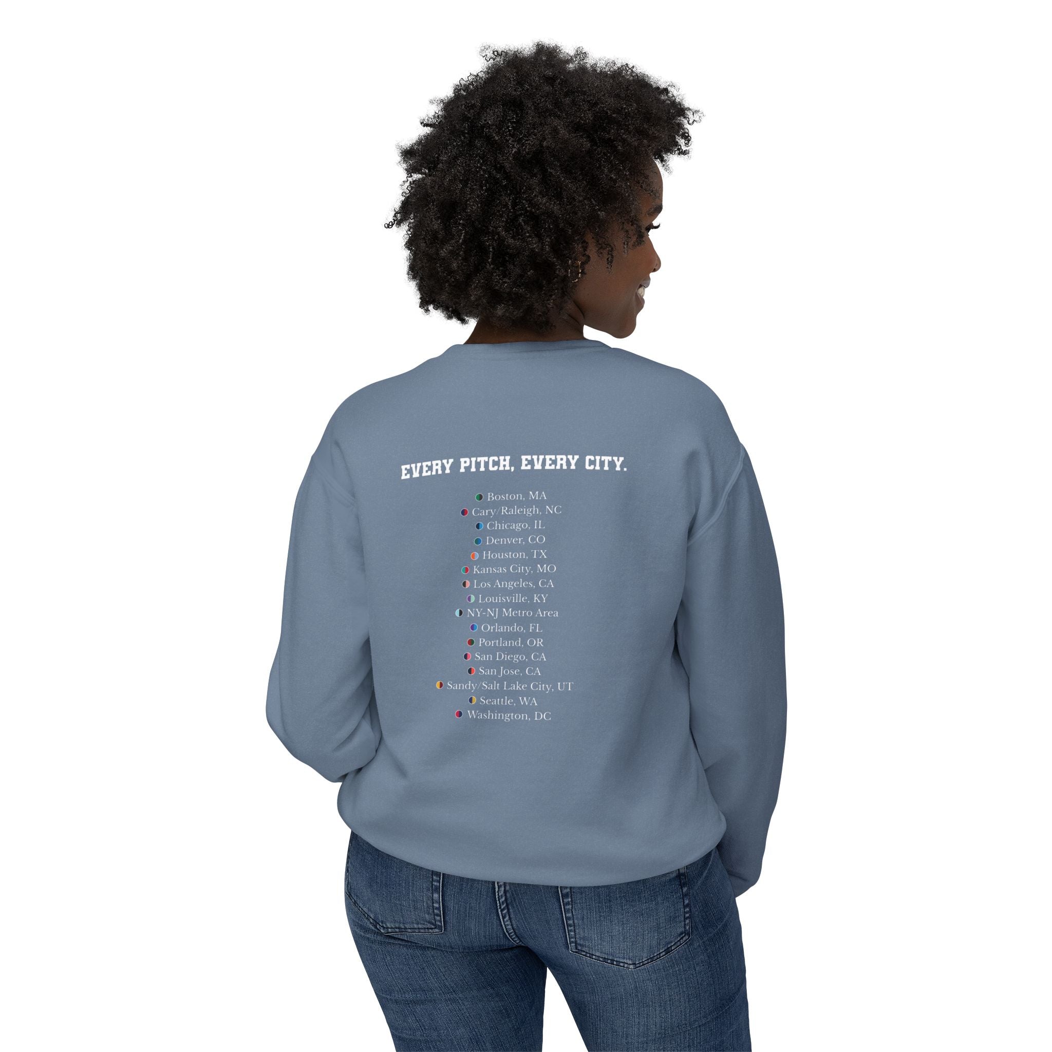 Blue Jean sweatshirt with Take Over chest logo on the front and cities list on the back 