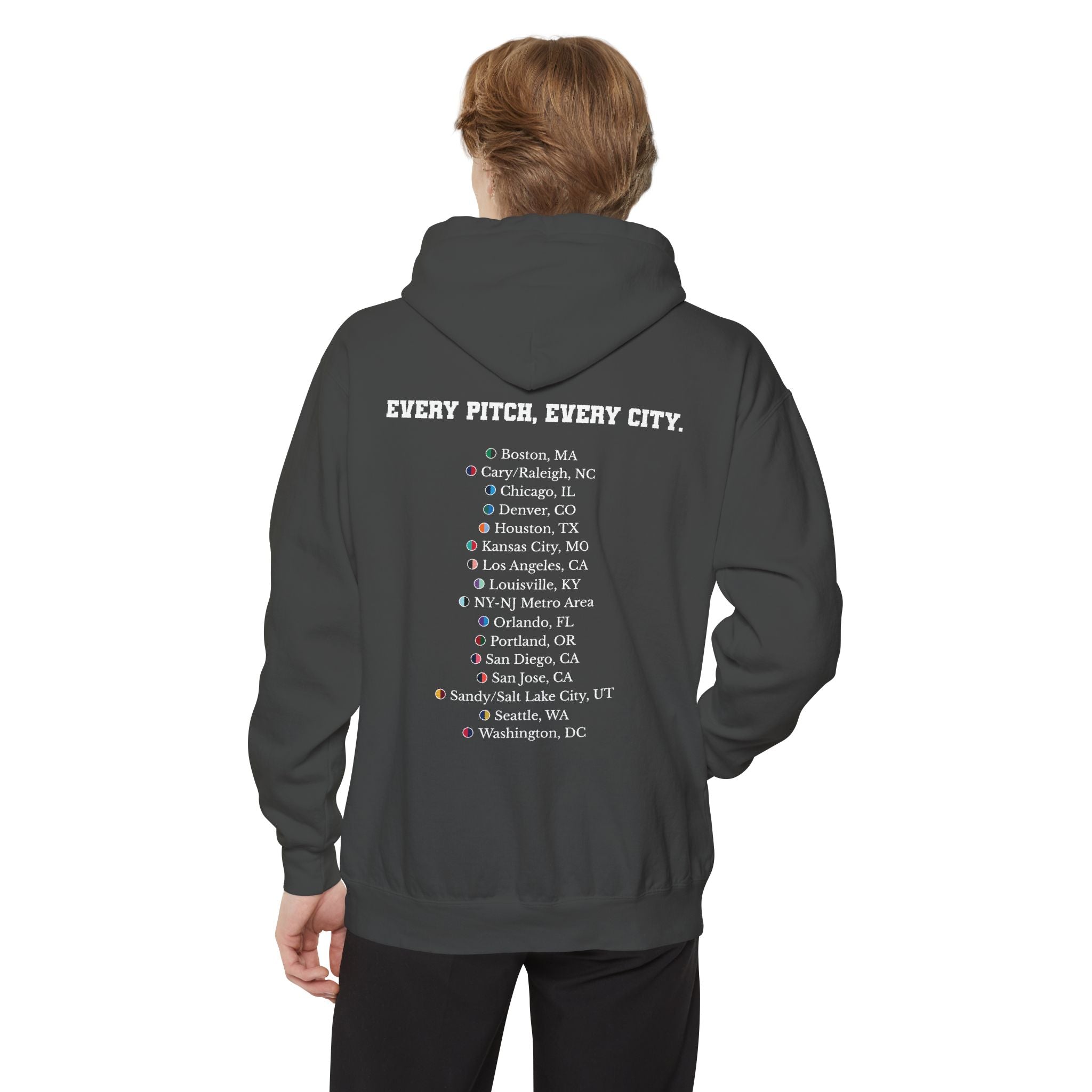 Pepper hoodie with chest logo on the front and list of cities on the back