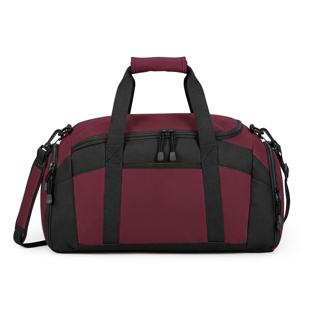 Maroon WSC branded athletic duffle bag featuring a large white logo print, separate ventilated shoe compartment, and water-resistant fabric