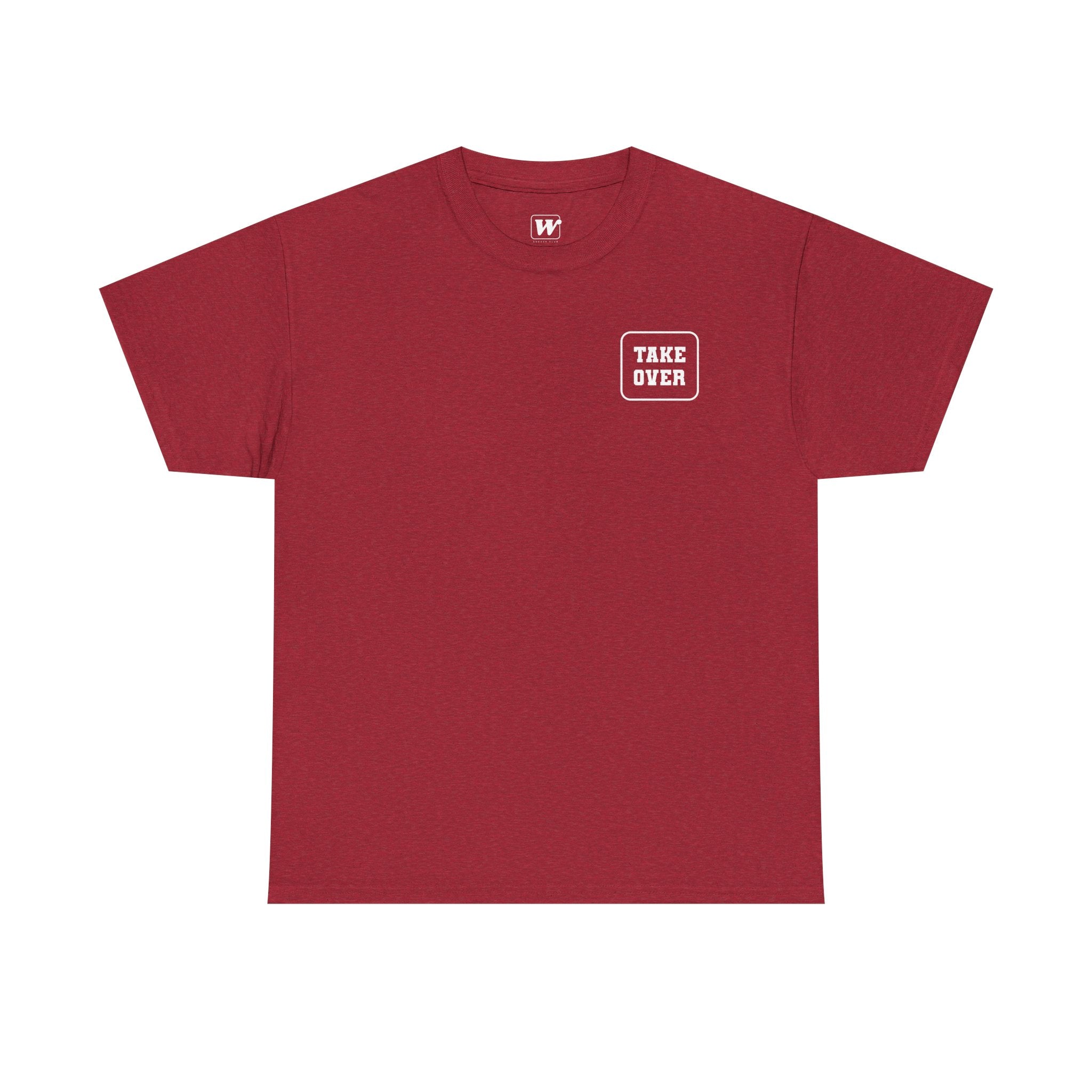 Antique Cherry Red Take Over Every City Pro League T-Shirt flat lay on a solid background.