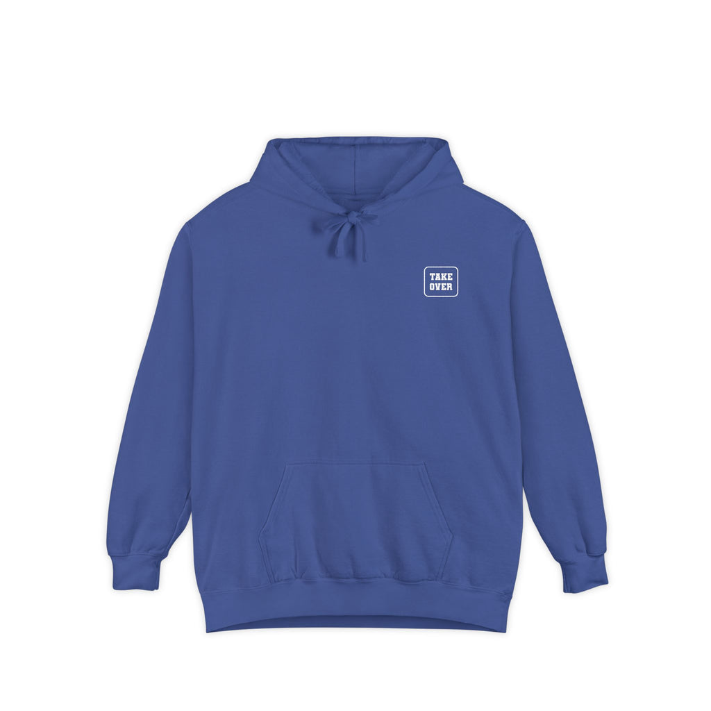 Flo Blue hoodie with chest logo on the front and list of cities on the back