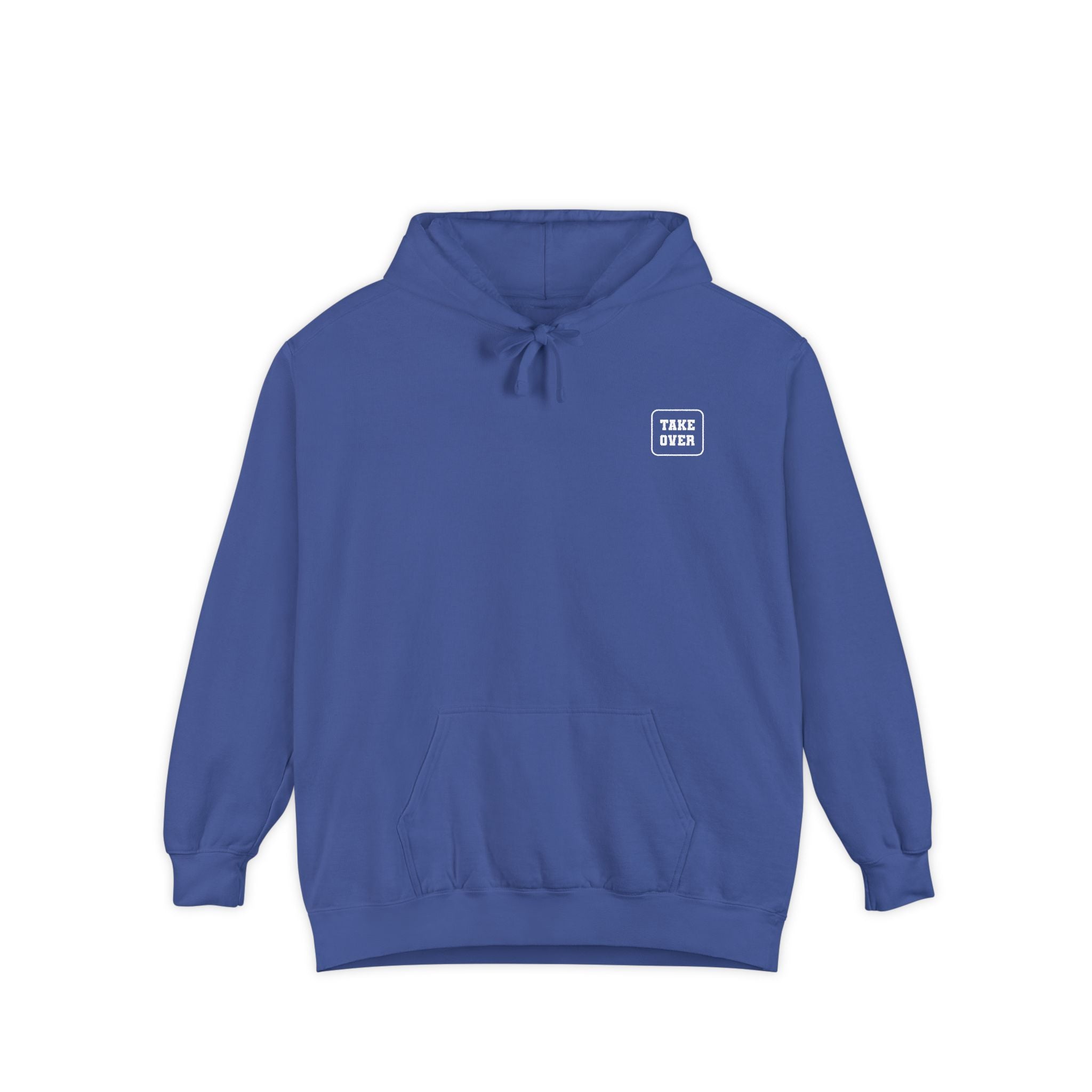 Flo Blue hoodie with chest logo on the front and list of cities on the back