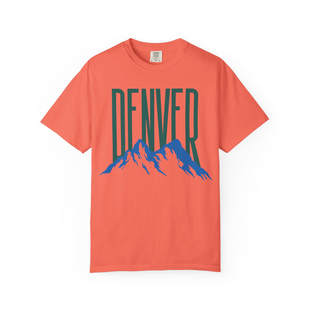 Bright Salmon Denver mountain graphic t-shirt featuring block lettering above a blue Rocky Mountain silhouette, ideal for game day fan gear.