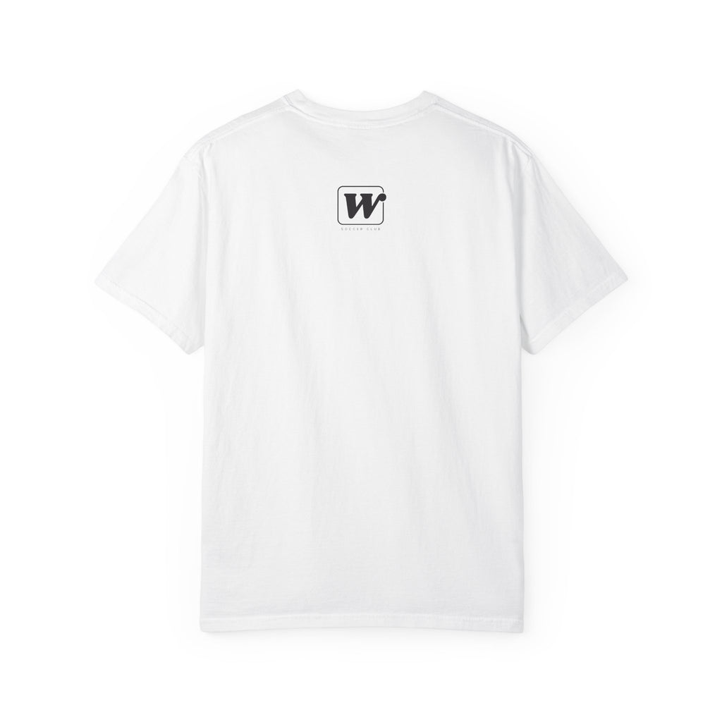 White short-sleeve crewneck t-shirt featuring a small W Soccer Club logo on the back