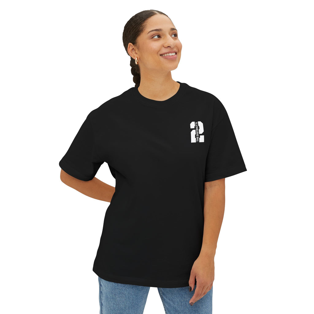 Black heavyweight boxy t-shirt front view featuring a minimal "The District's 2" graphic printed on the left chest.