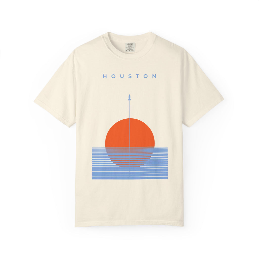 Ivory front detail of retro Houston soccer shirt featuring minimalist orange sunset graphic