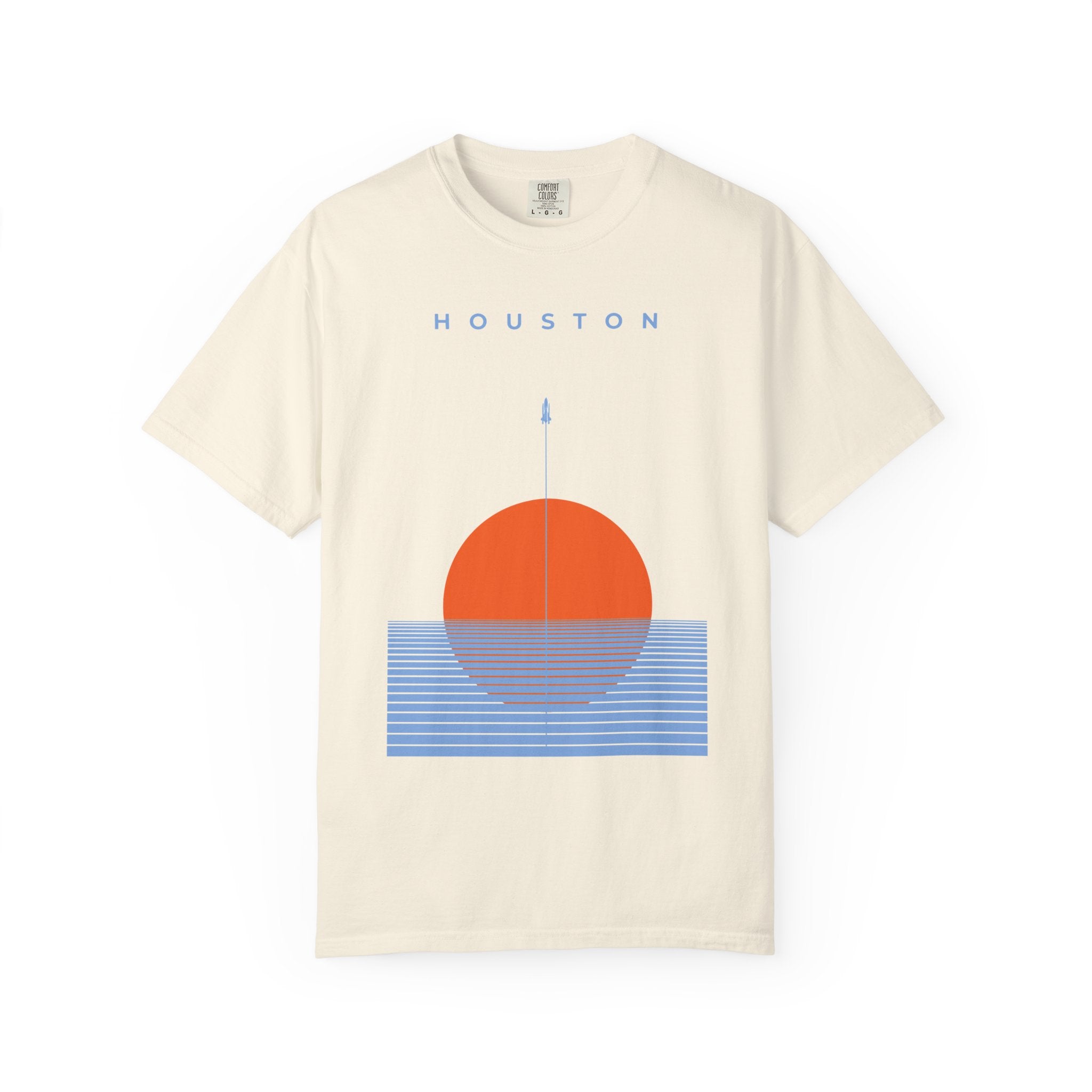 Ivory front detail of retro Houston soccer shirt featuring minimalist orange sunset graphic