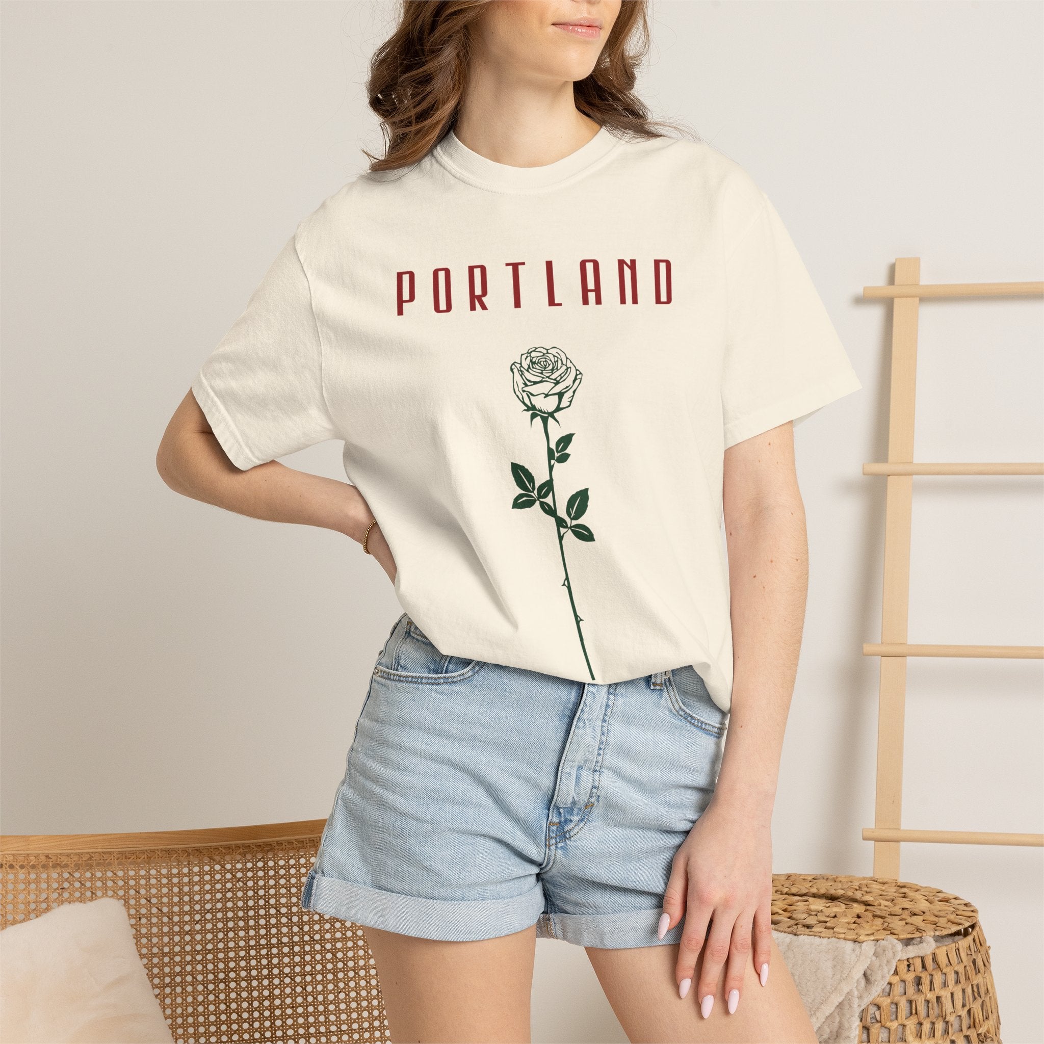 Ivory short-sleeve t-shirt with vintage Portland rose graphic print