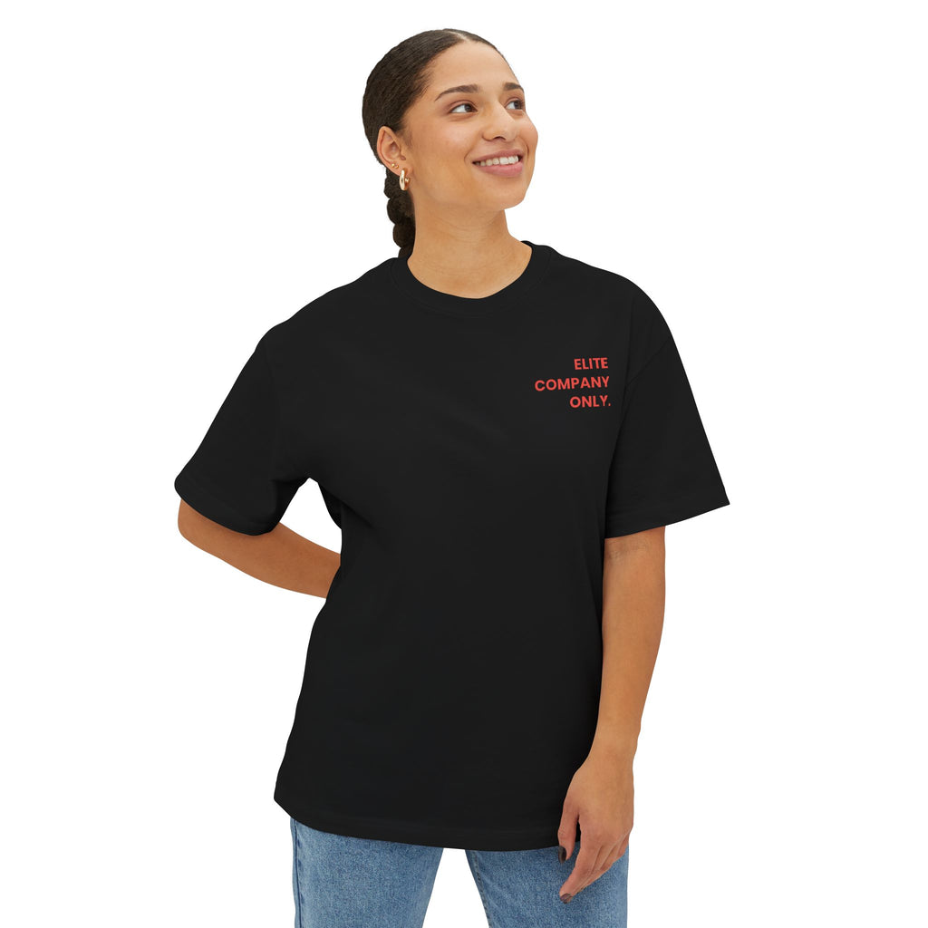 Black 'Elite Company Only' boxy t-shirt featuring a 50 Goals Club graphic print on the back