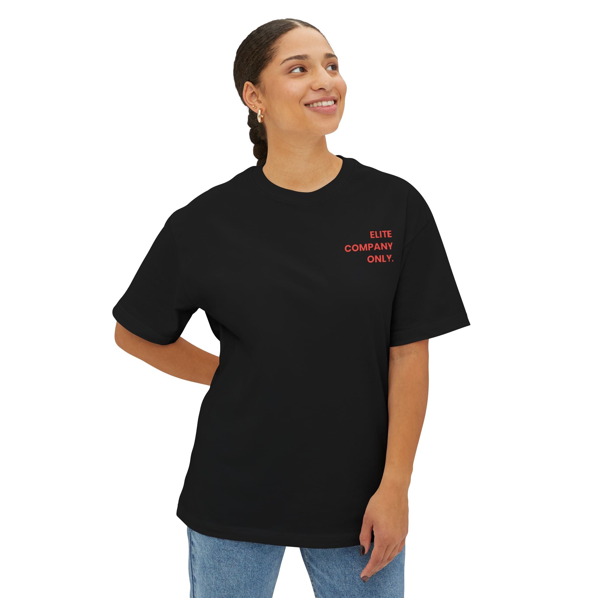 Black 'Elite Company Only' boxy t-shirt featuring a 50 Goals Club graphic print on the back