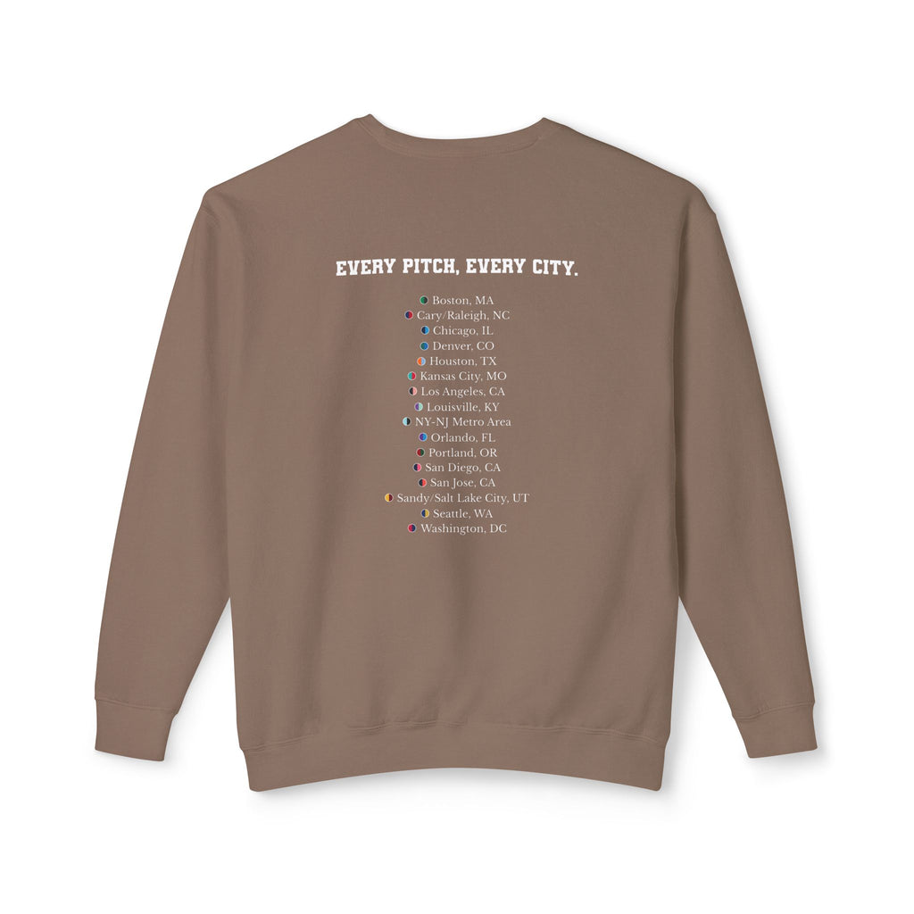 Espresso sweatshirt with Take Over chest logo on the front and cities list on the back