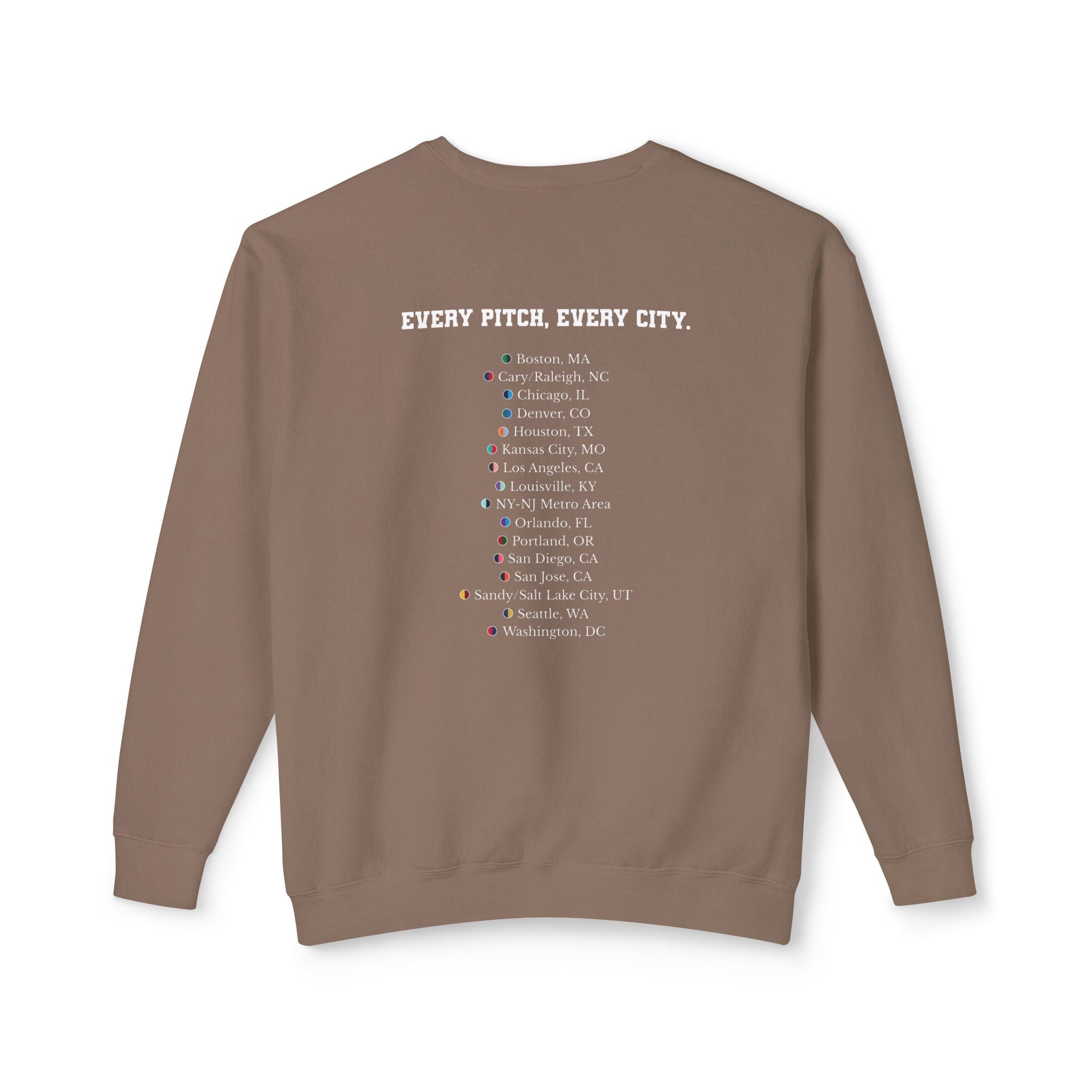 Espresso sweatshirt with Take Over chest logo on the front and cities list on the back