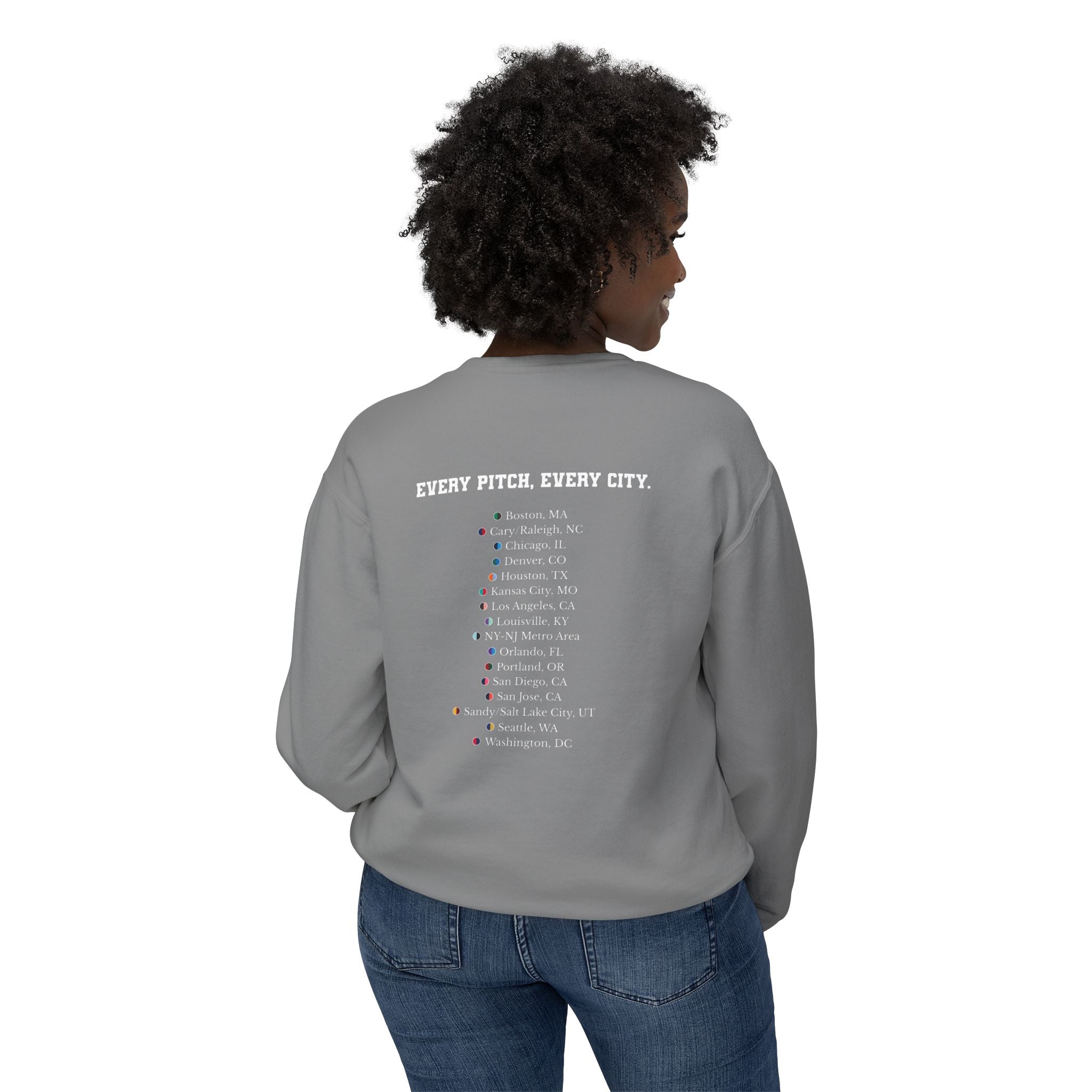 Grey sweatshirt with Take Over chest logo on the front and cities list on the back  