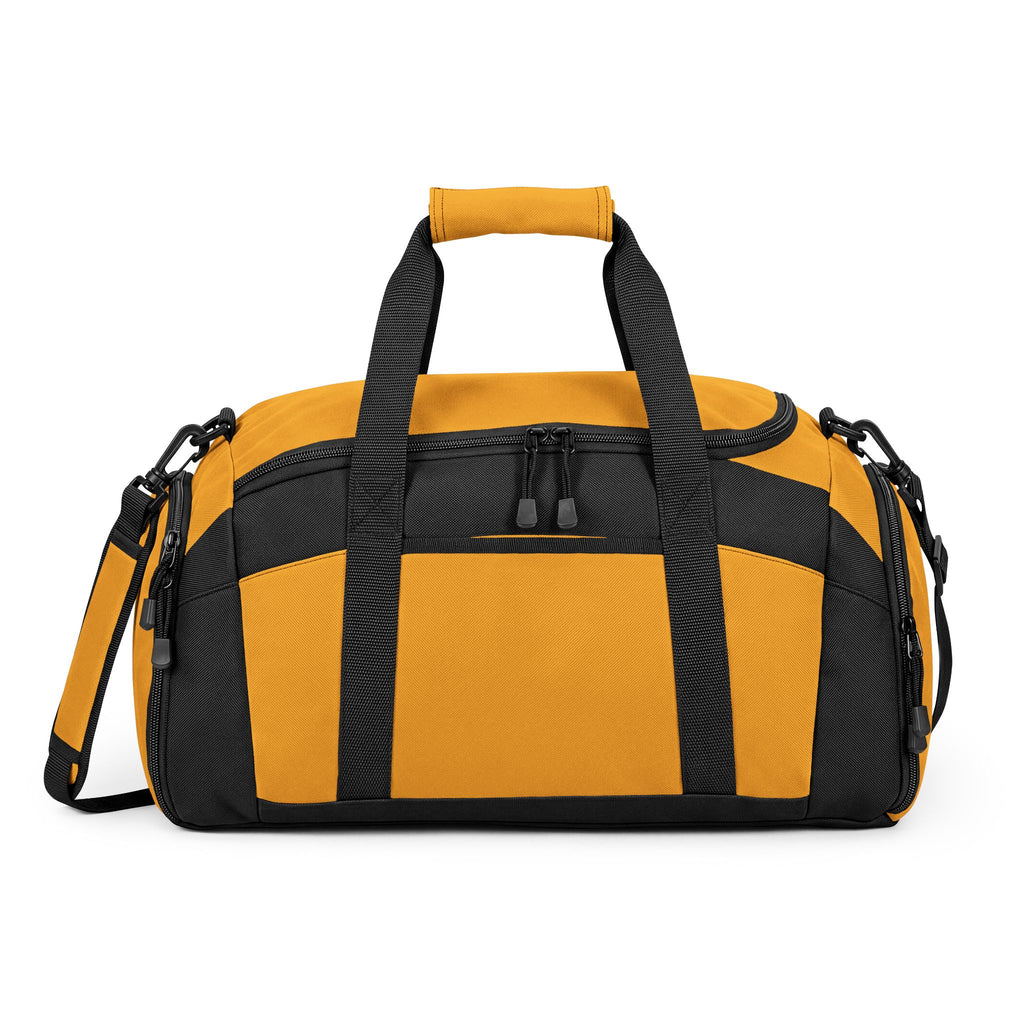 Gold WSC branded athletic duffle bag featuring a large white logo print, separate ventilated shoe compartment, and water-resistant fabric