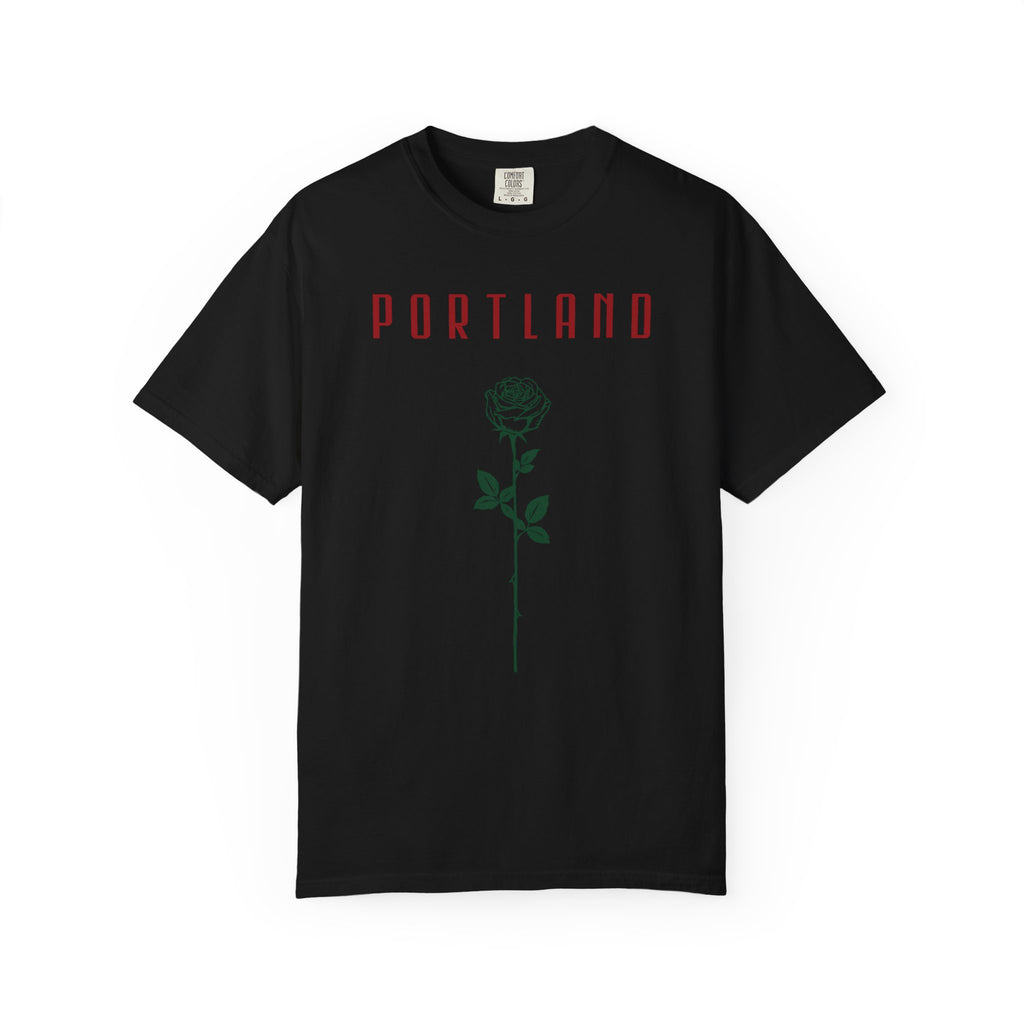 Black short-sleeve t-shirt with vintage Portland rose graphic print