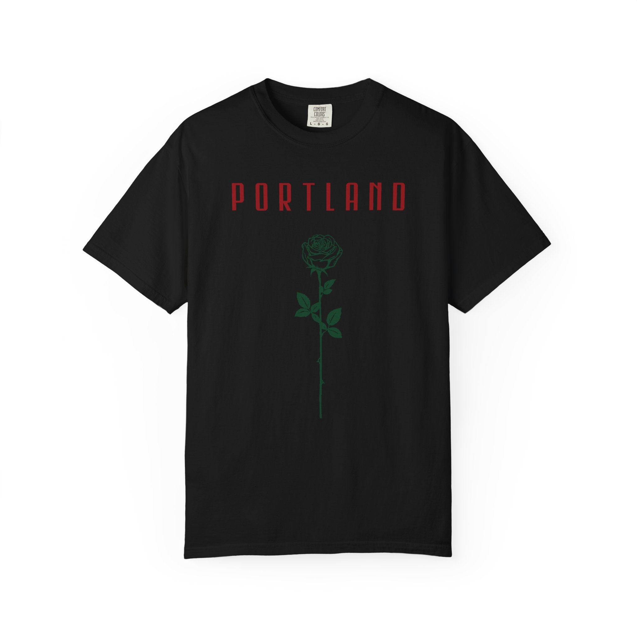 Black short-sleeve t-shirt with vintage Portland rose graphic print